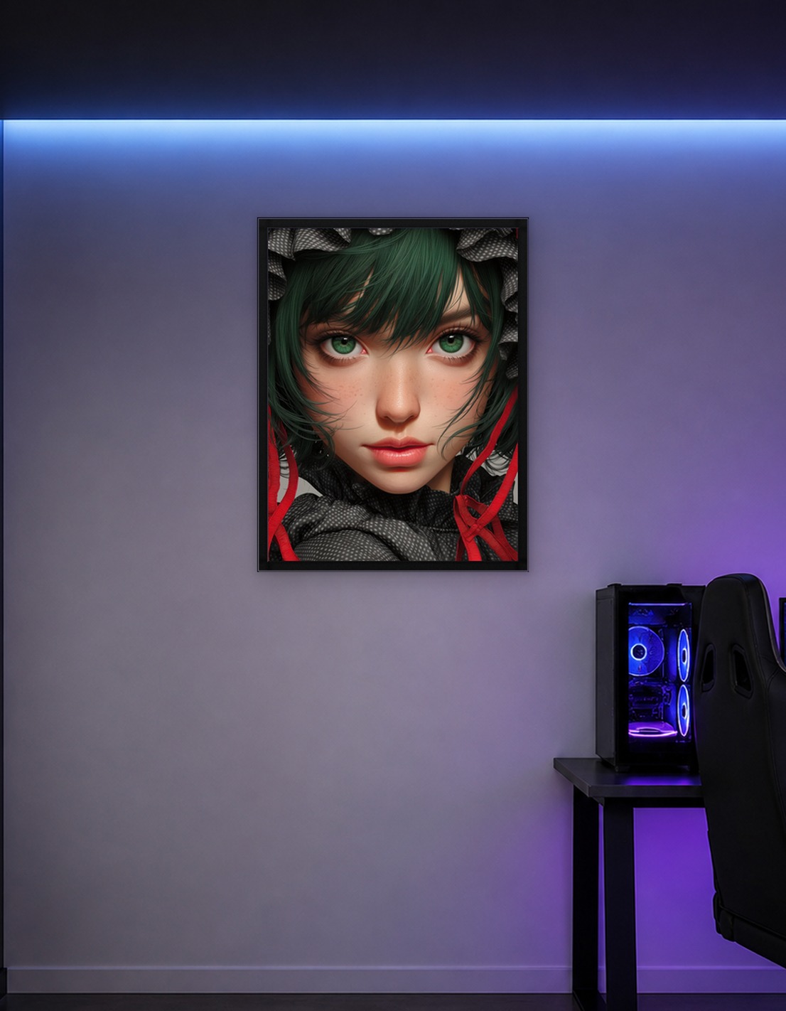 Green-haired girl with red ribbons