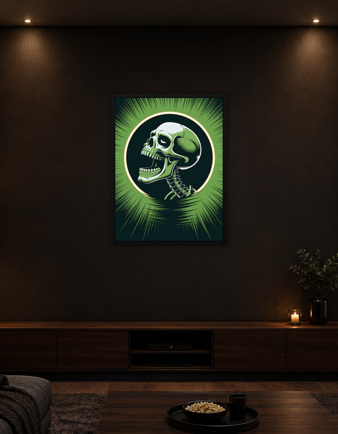 Green Skull with Burst Background