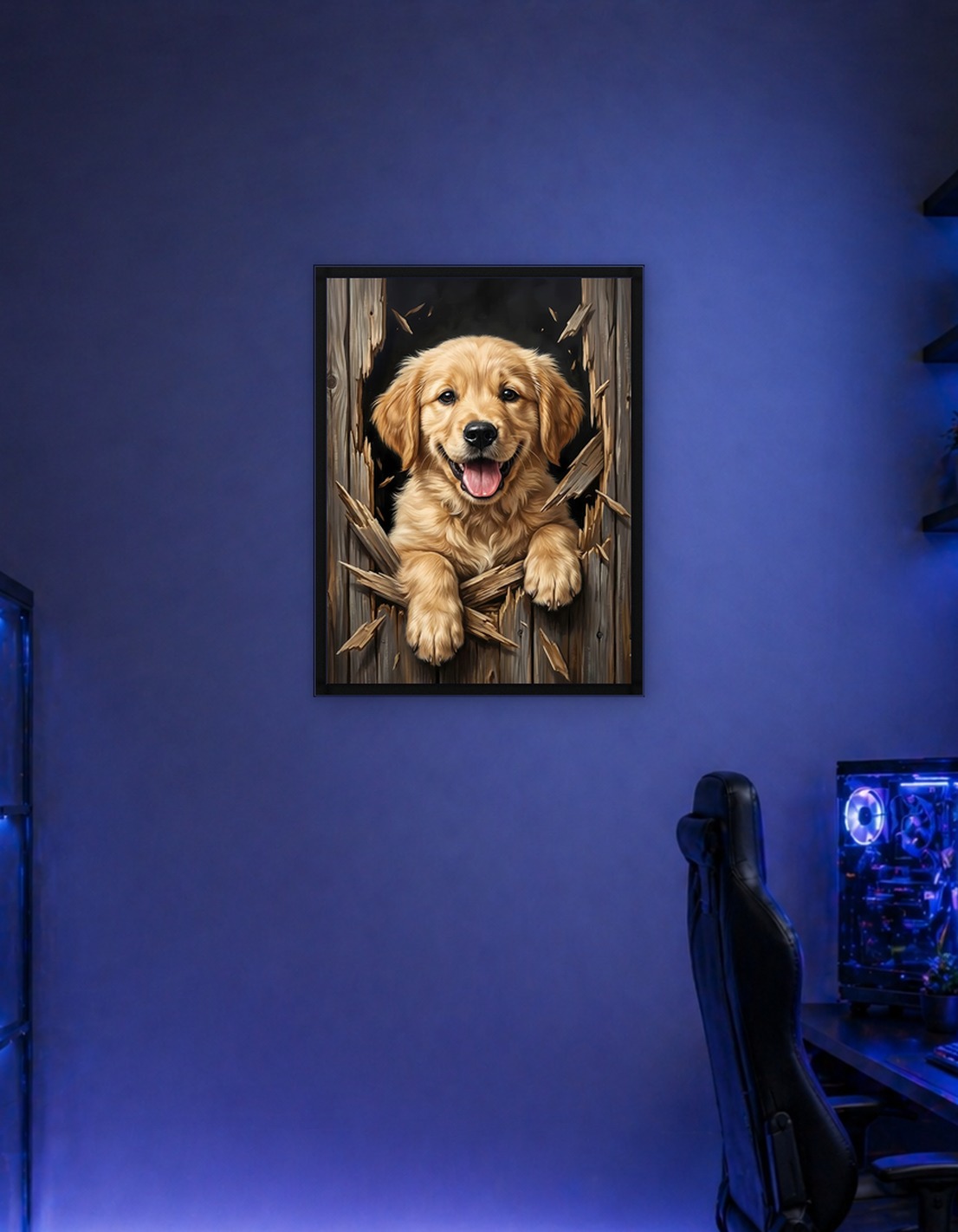 Golden Retriever Paws Through Wooden Wall