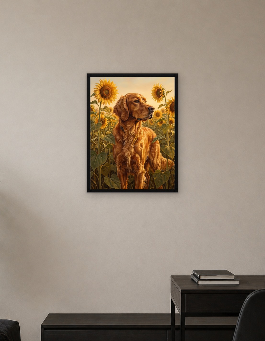 Golden Retriever in Sunflower Field