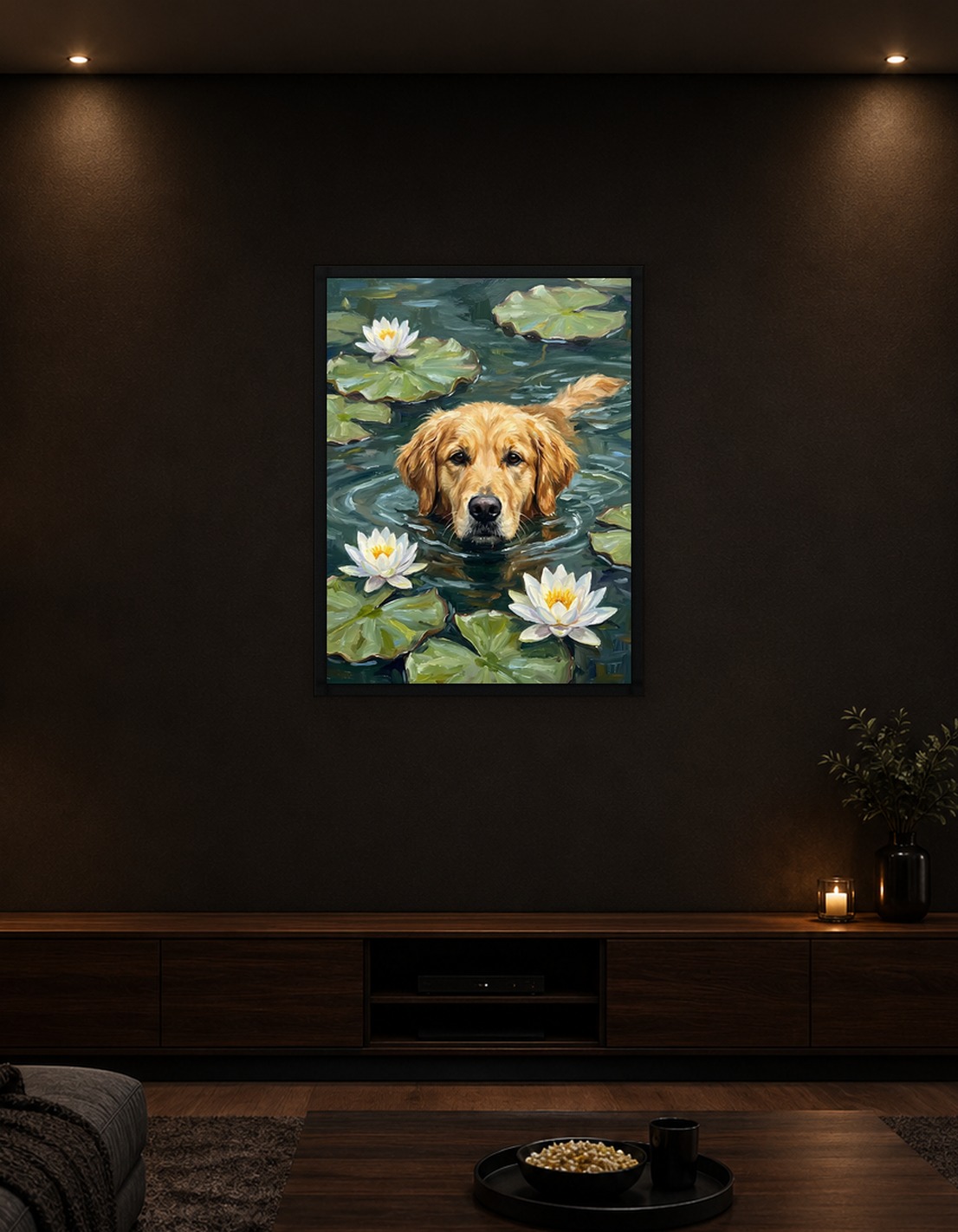 Golden Retriever Swimming Among Lily Pads Painting