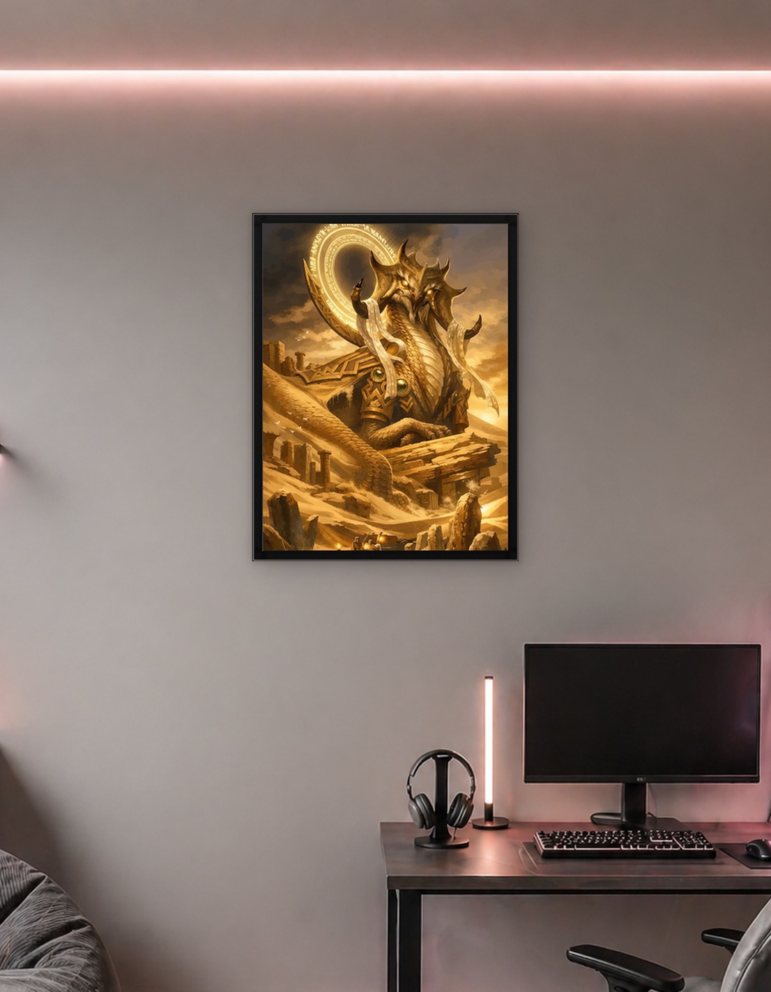 Golden Dragon God in Desert Ruins