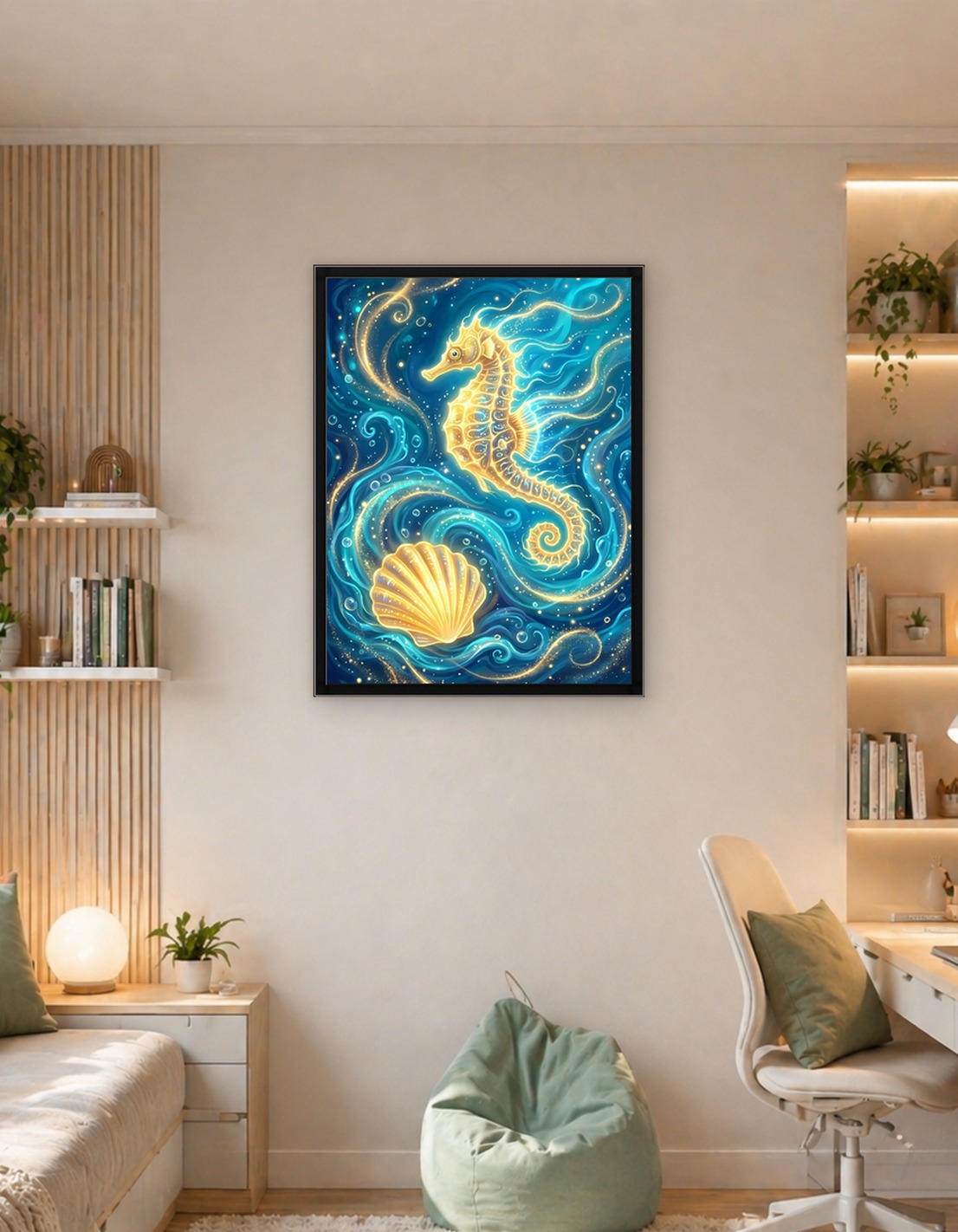 Golden Seahorse and Seashell in Blue Water
