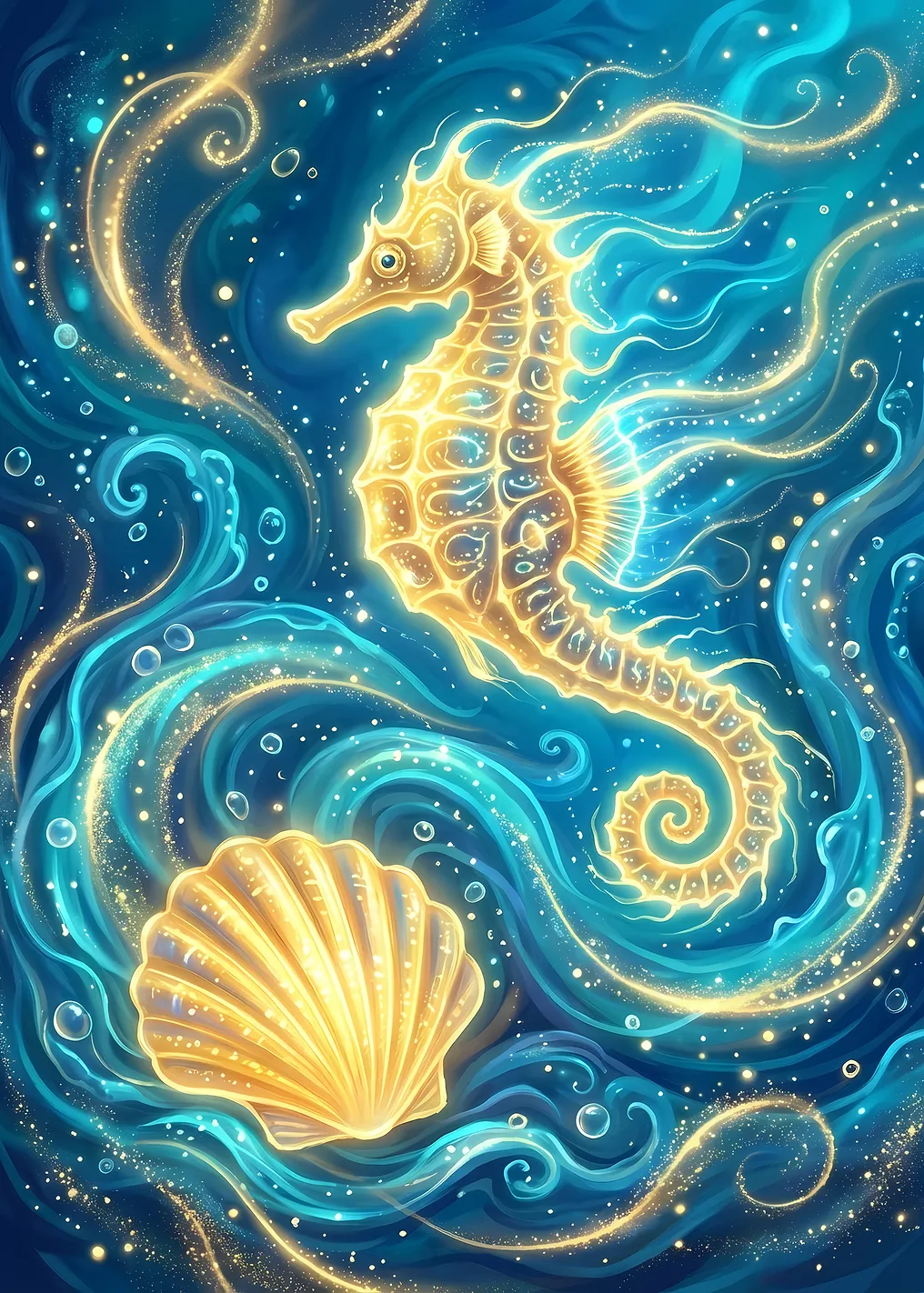 Golden Seahorse and Seashell in Blue Water