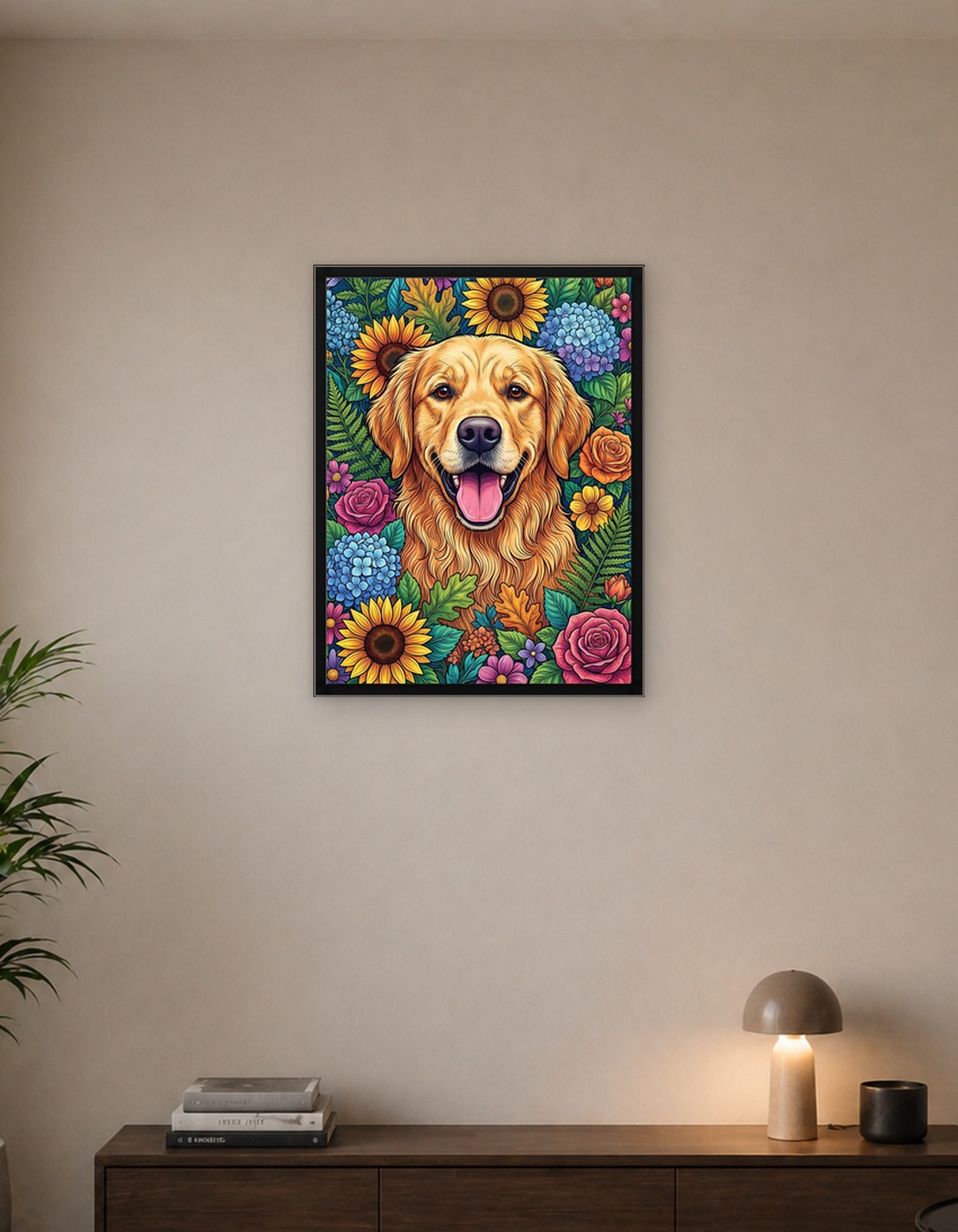Golden Retriever in Floral Garden