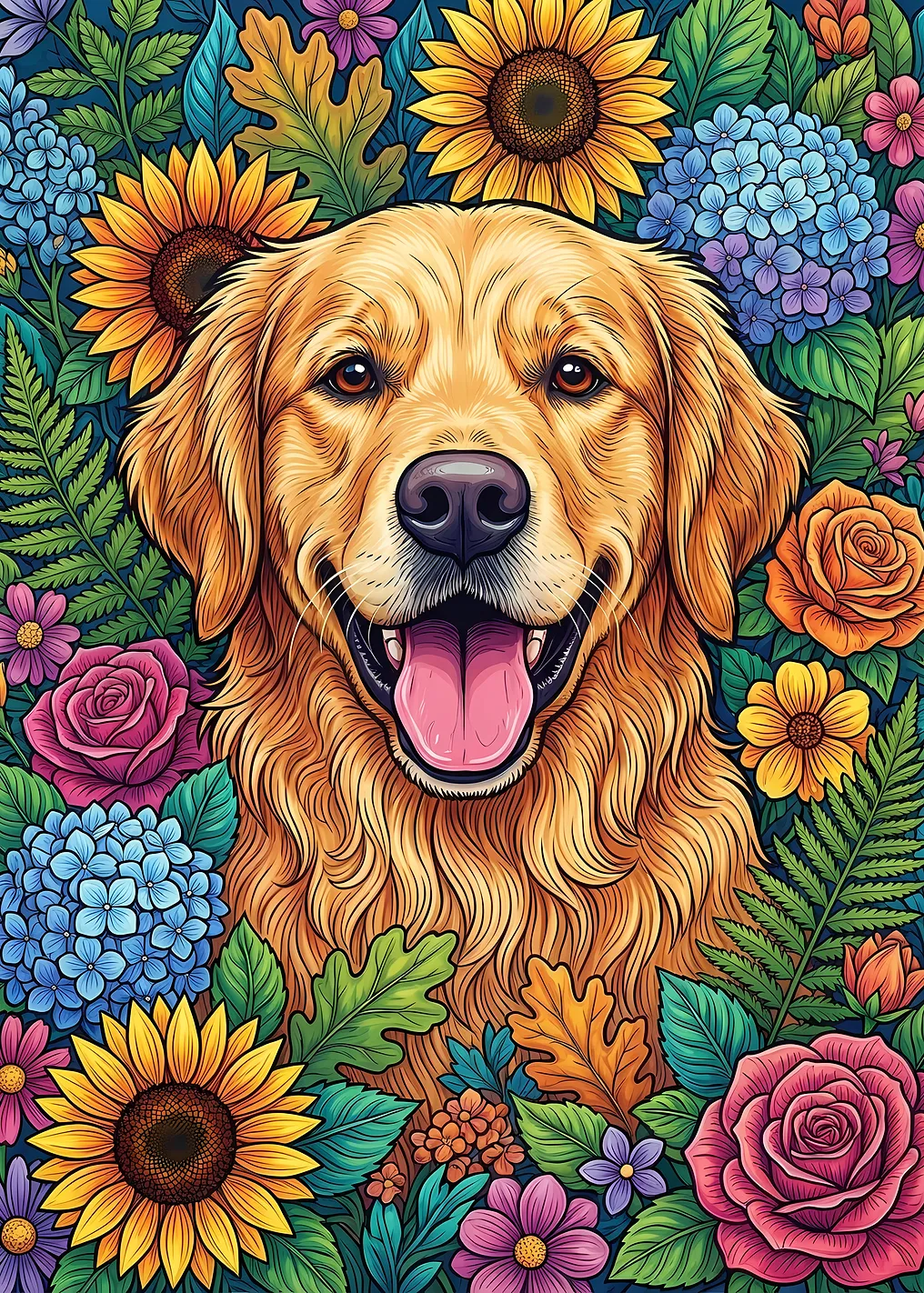 Golden Retriever in Floral Garden