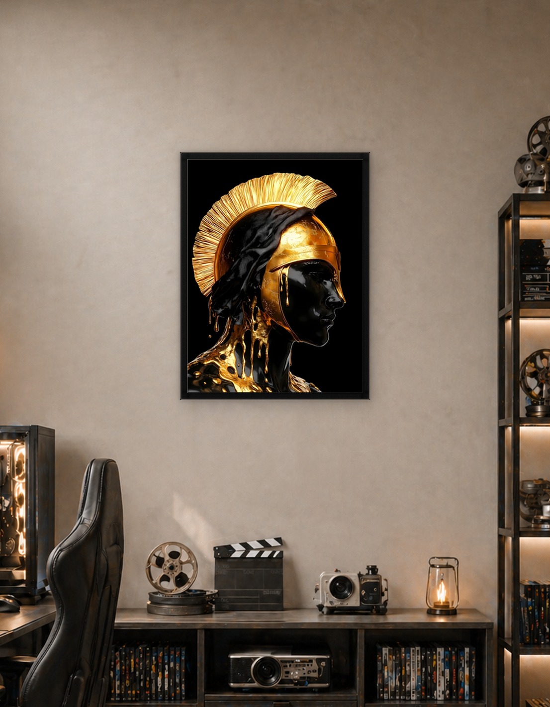 Golden Spartan Helmet on Black Figure