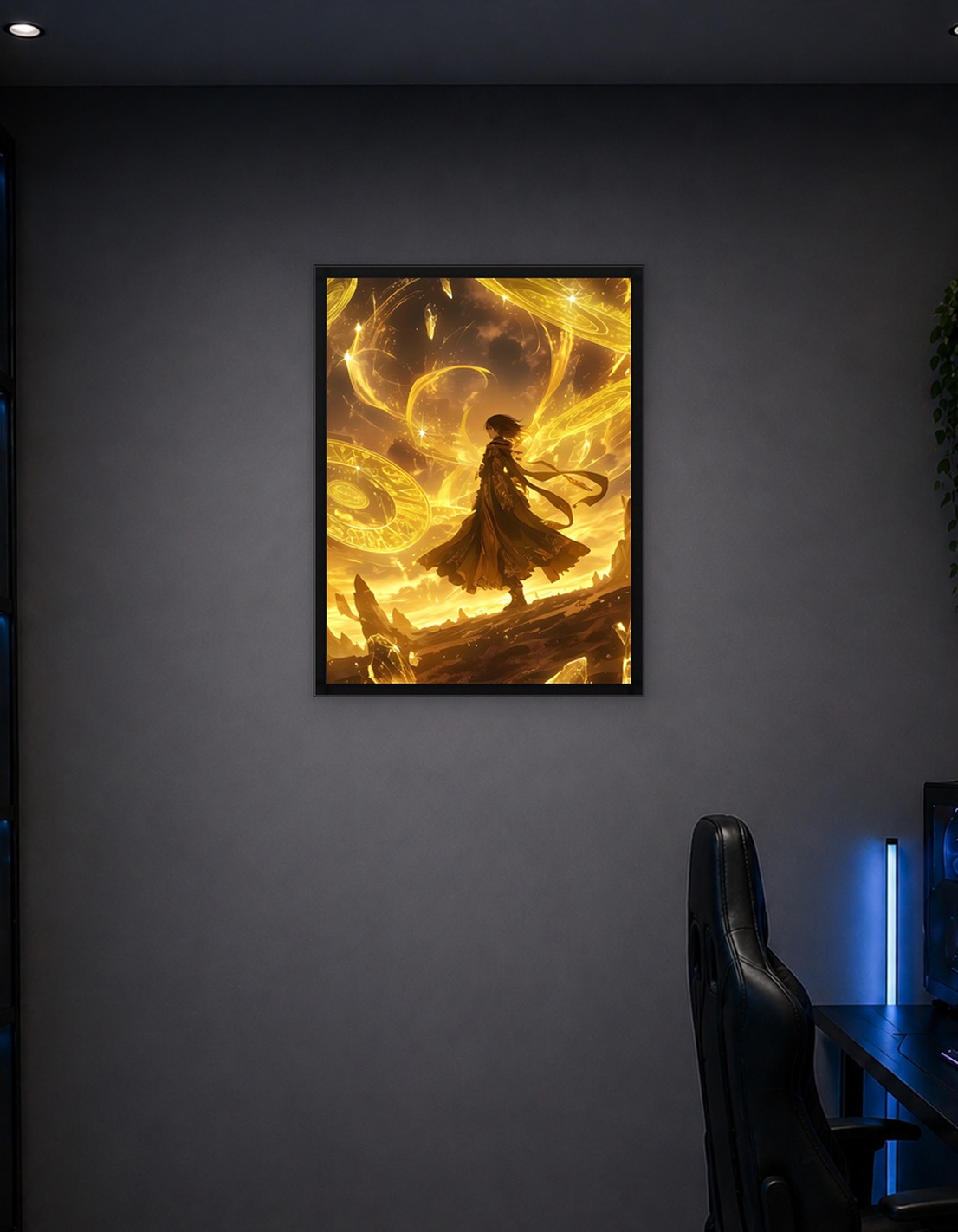 Golden Fantasy Character in Magical Landscape