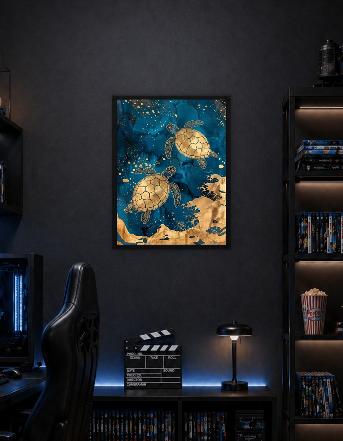Golden Turtles in Blue Abstract Ocean