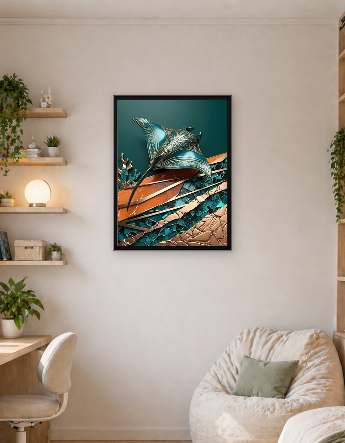 Ornate Teal and Gold Stingray Art