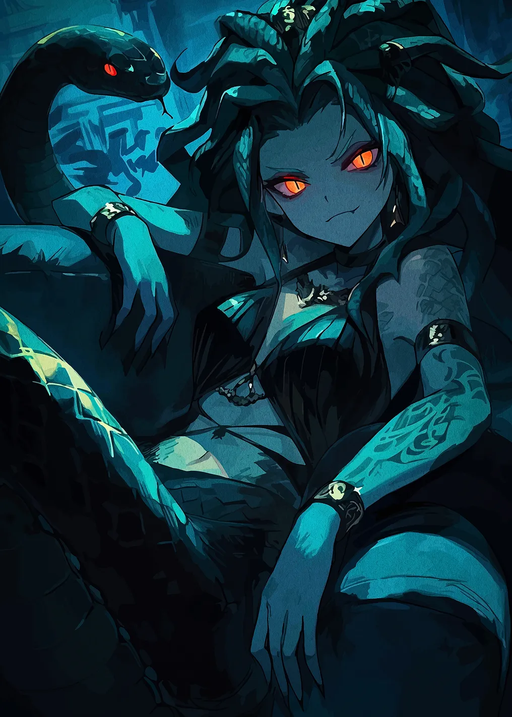 Medusa Illustration with Snakes and Turquoise