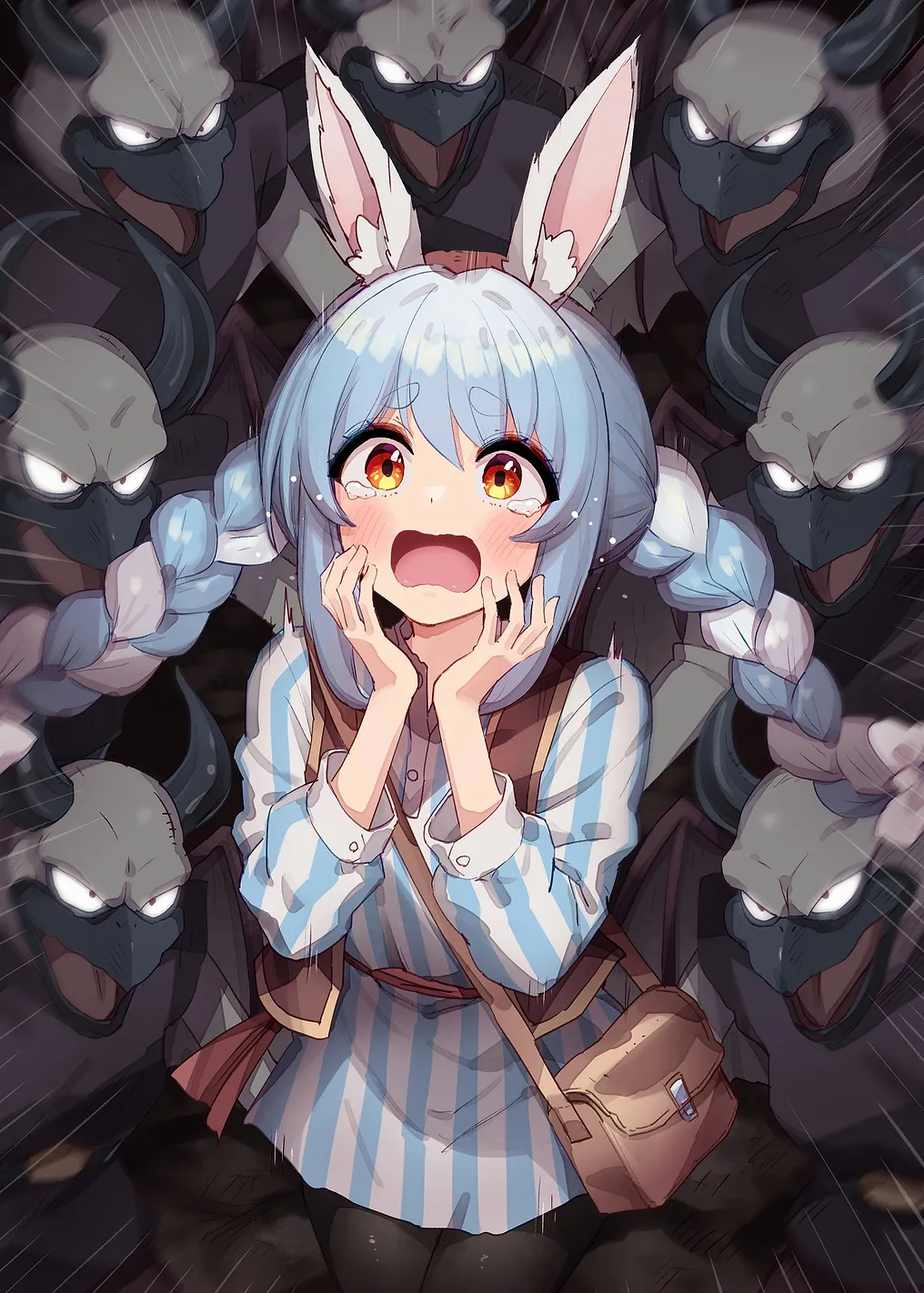 Frightened Anime Girl Surrounded by Monsters