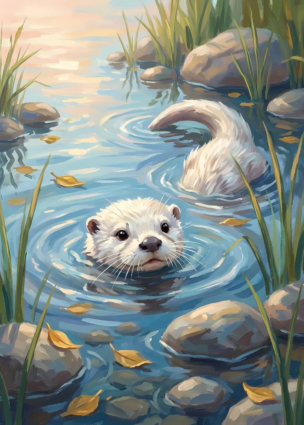 Otters Swimming in a Pond Painting