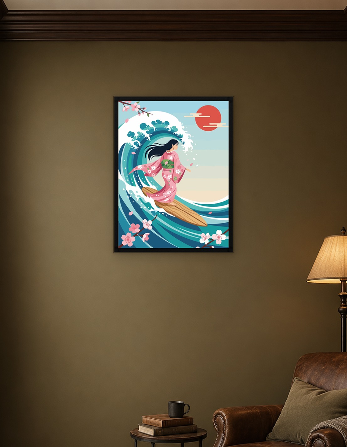 Kimono Surfer Girl with Cherry Blossoms