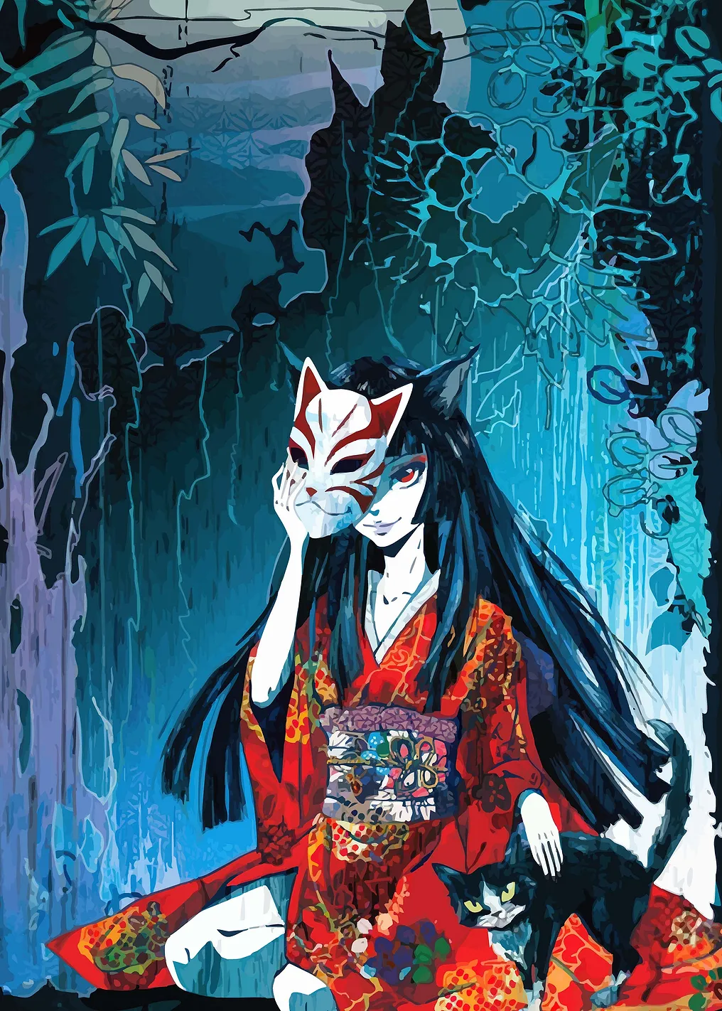 Kitsune Masked Woman with Cat