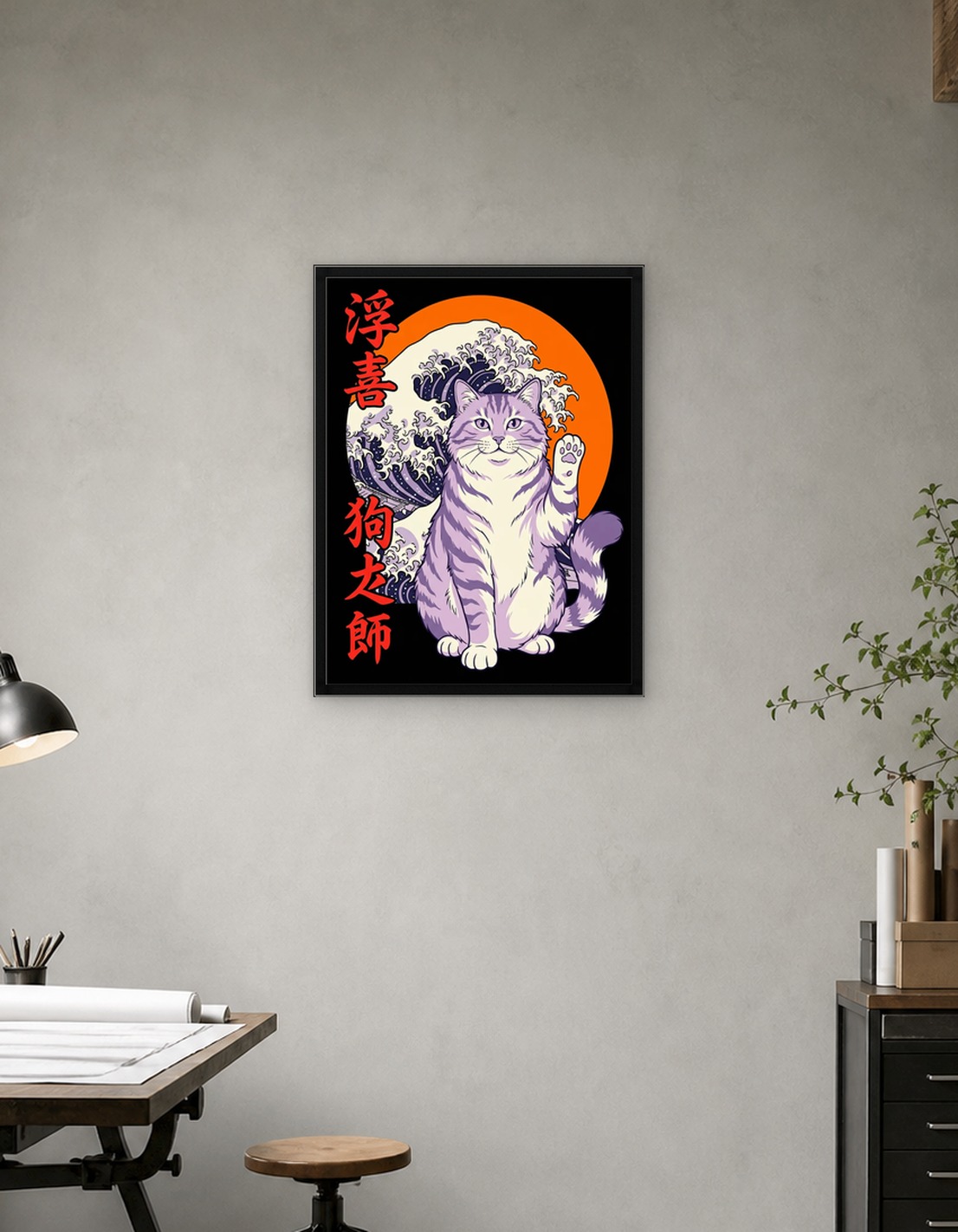 Maneki Neko Cat with Great Wave