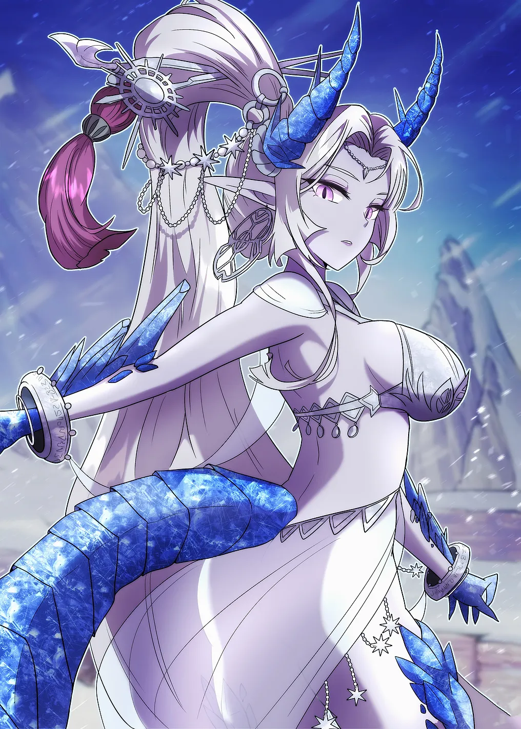 Icy Horned Woman in White Dress