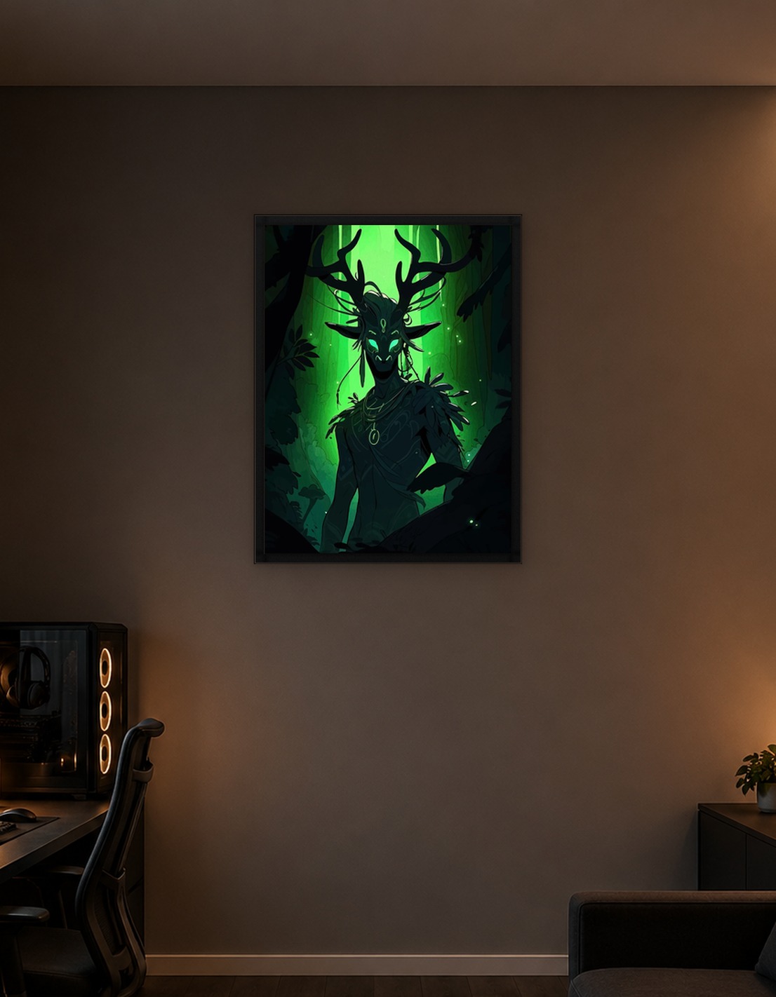Forest Spirit with Antlers in Green Light