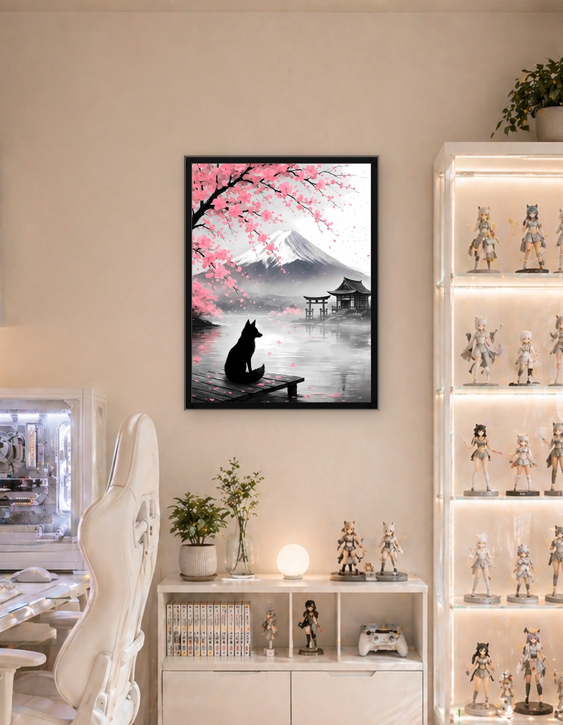Fox, Cherry Blossoms, and Mount Fuji
