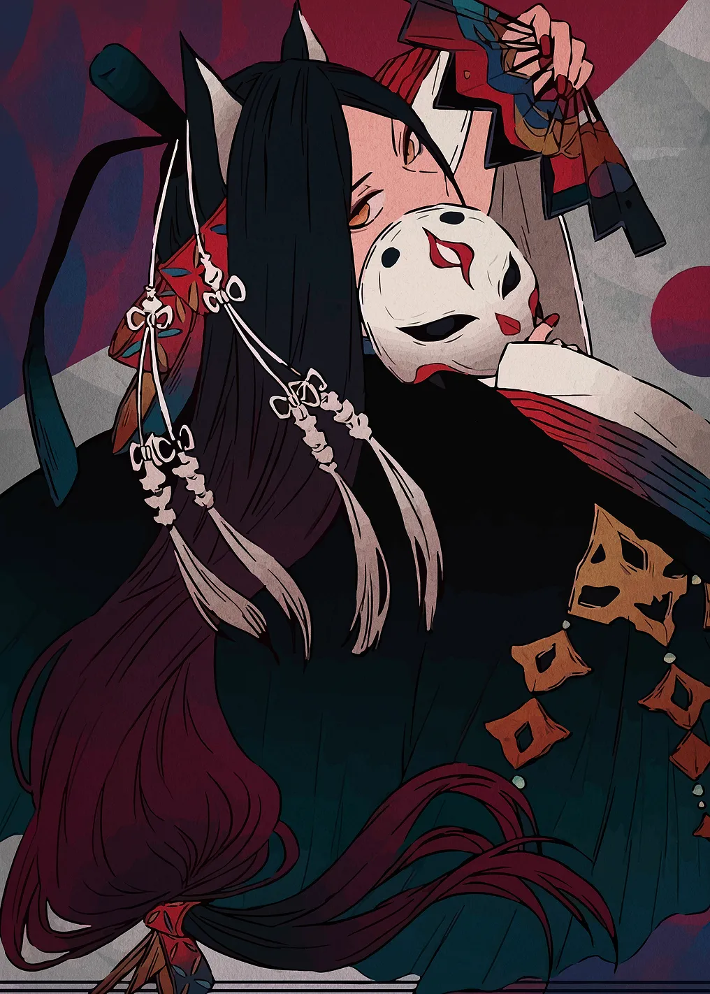 Fox-eared woman holding a mask