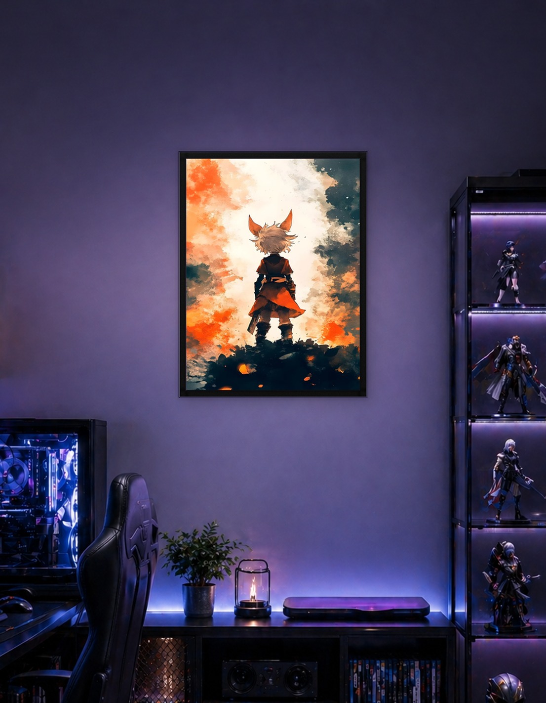 Fox-eared warrior stands against fiery backdrop