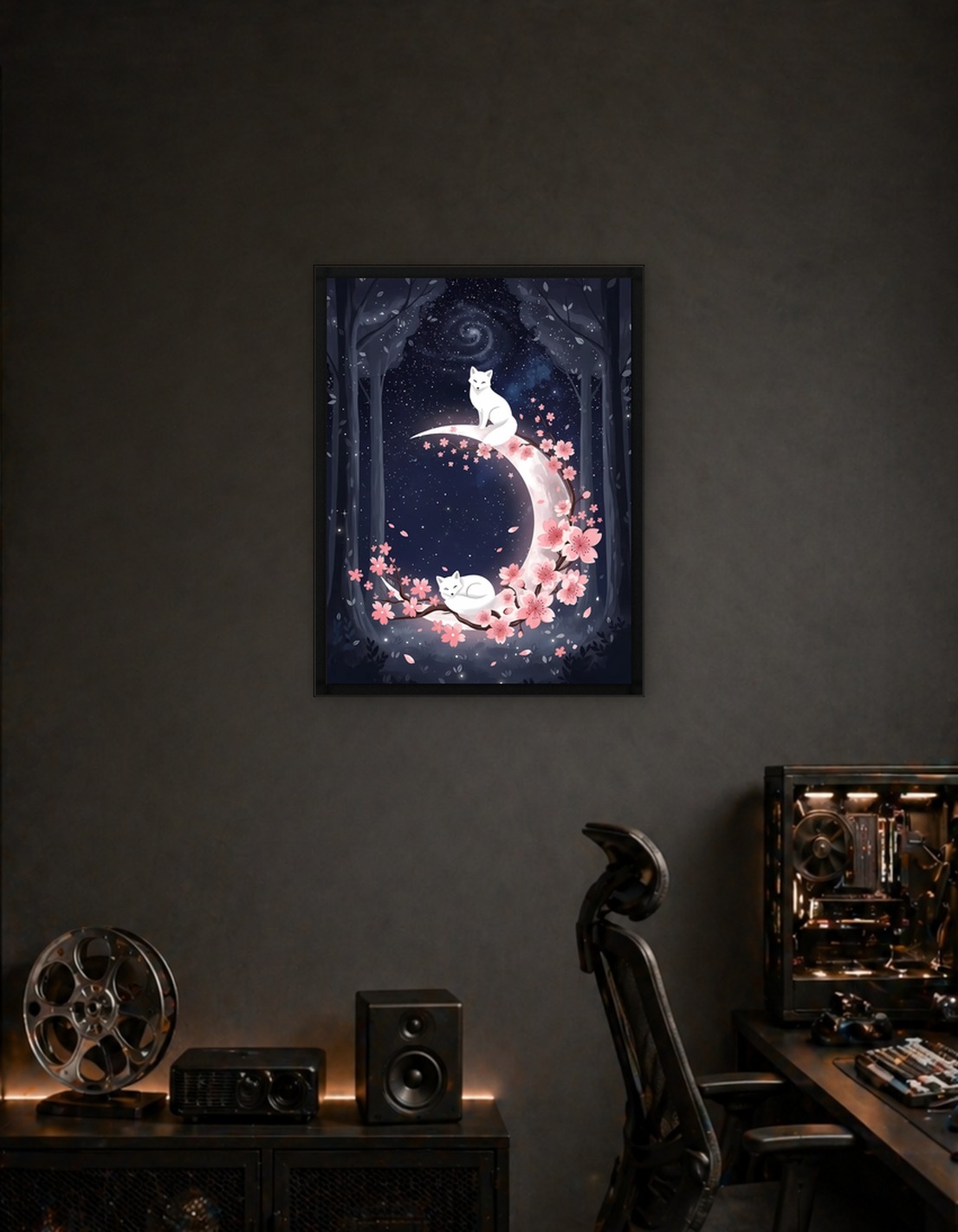 Foxes on a Crescent Moon with Cherry Blossoms