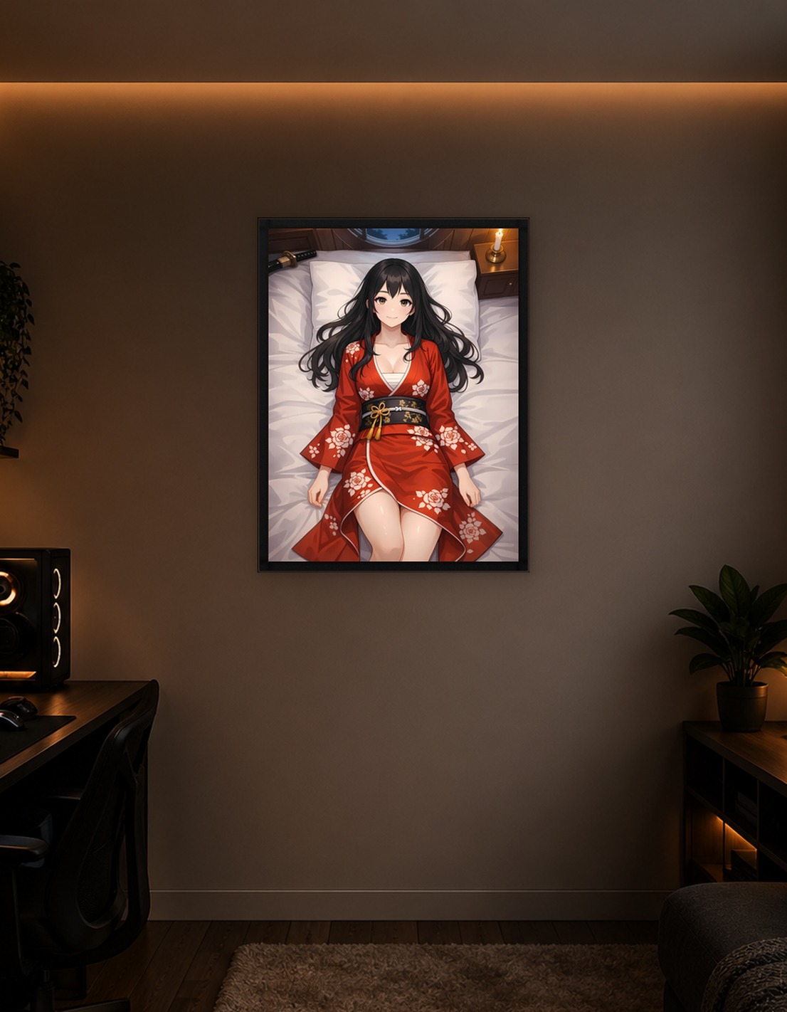 Moonlit Serenity in Red Kimono