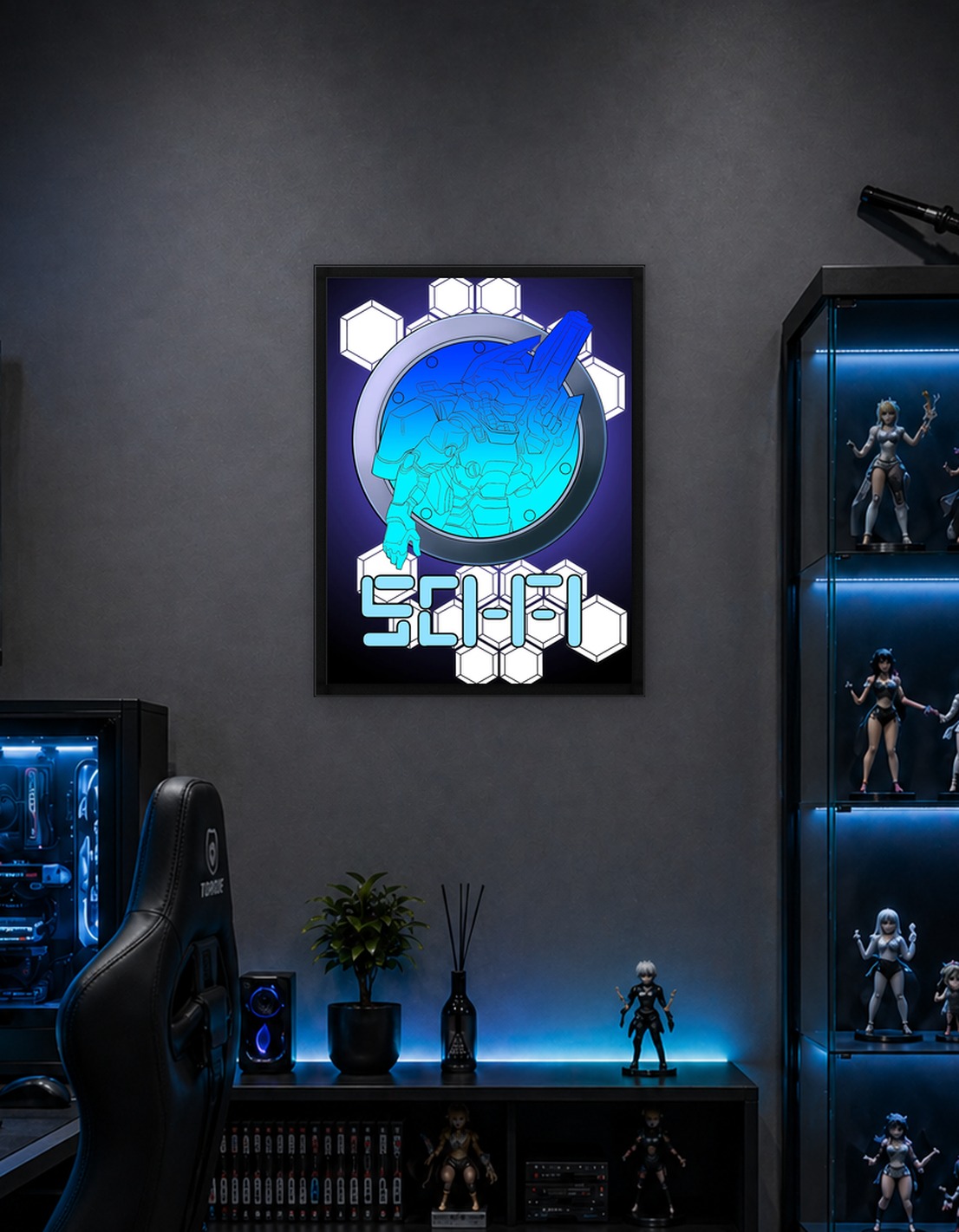Mecha Robot with the word ''sci-fi'' in Stylized text