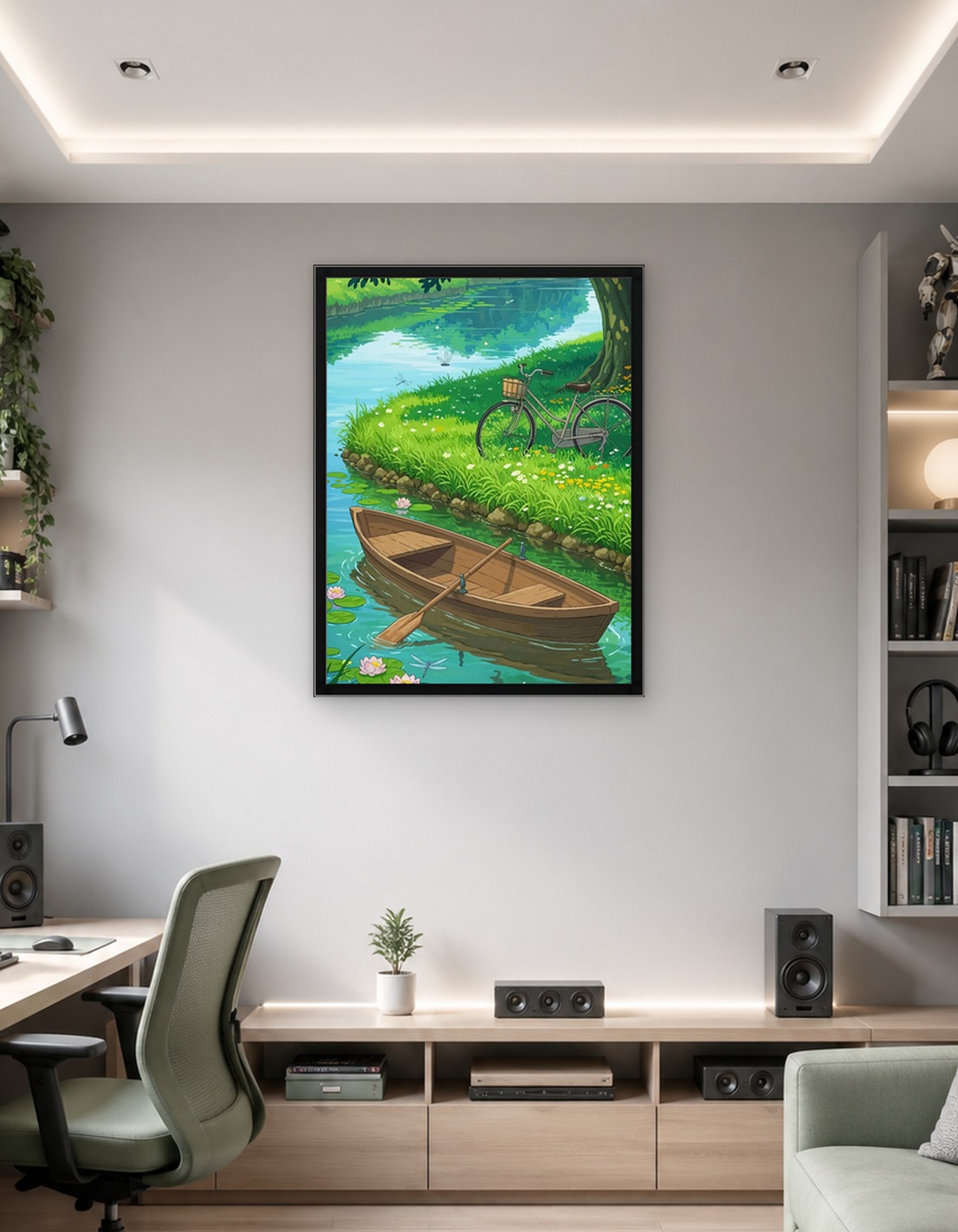Peaceful River Scene Boat Bicycle