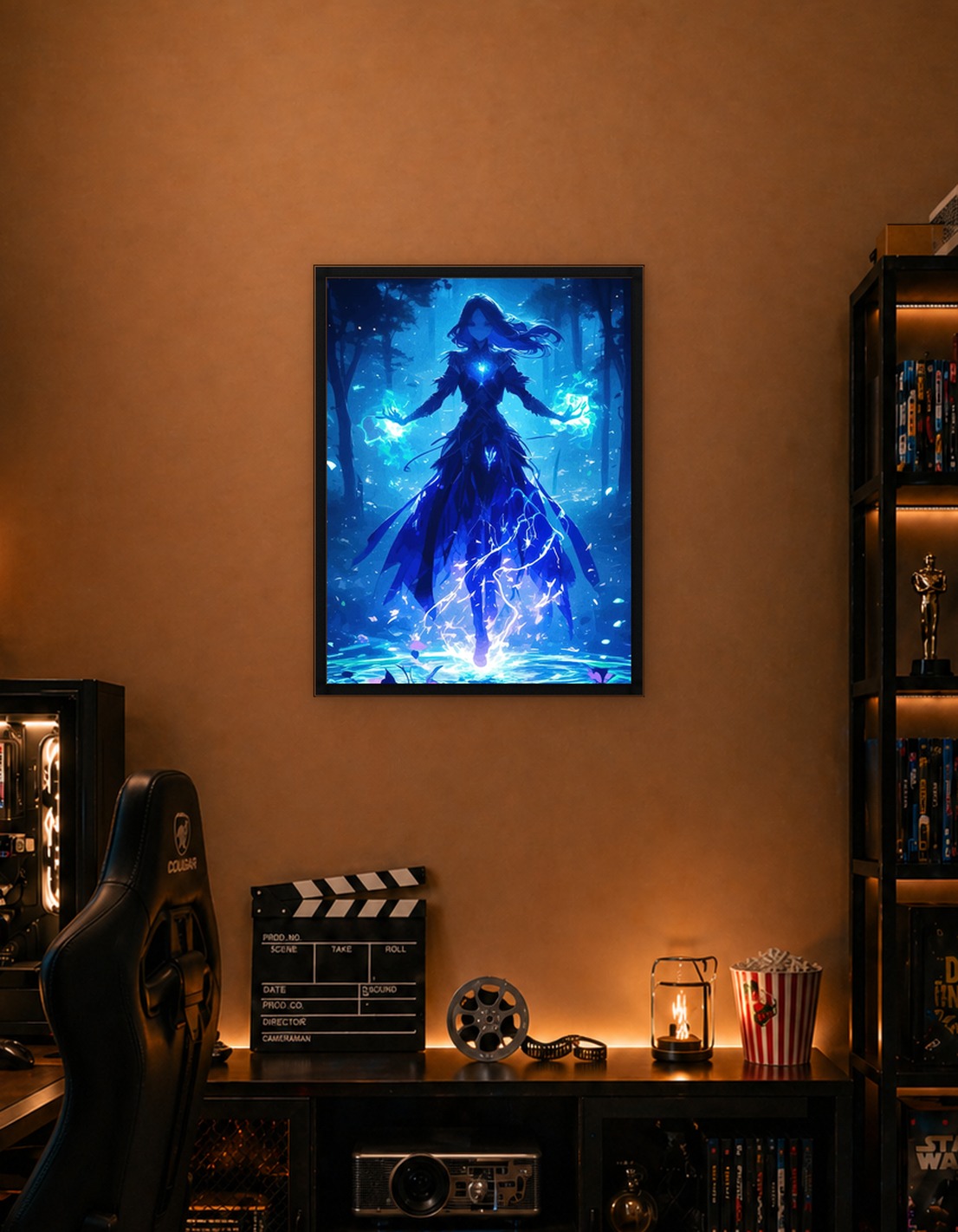 Mystical Woman with Blue Energy in Forest