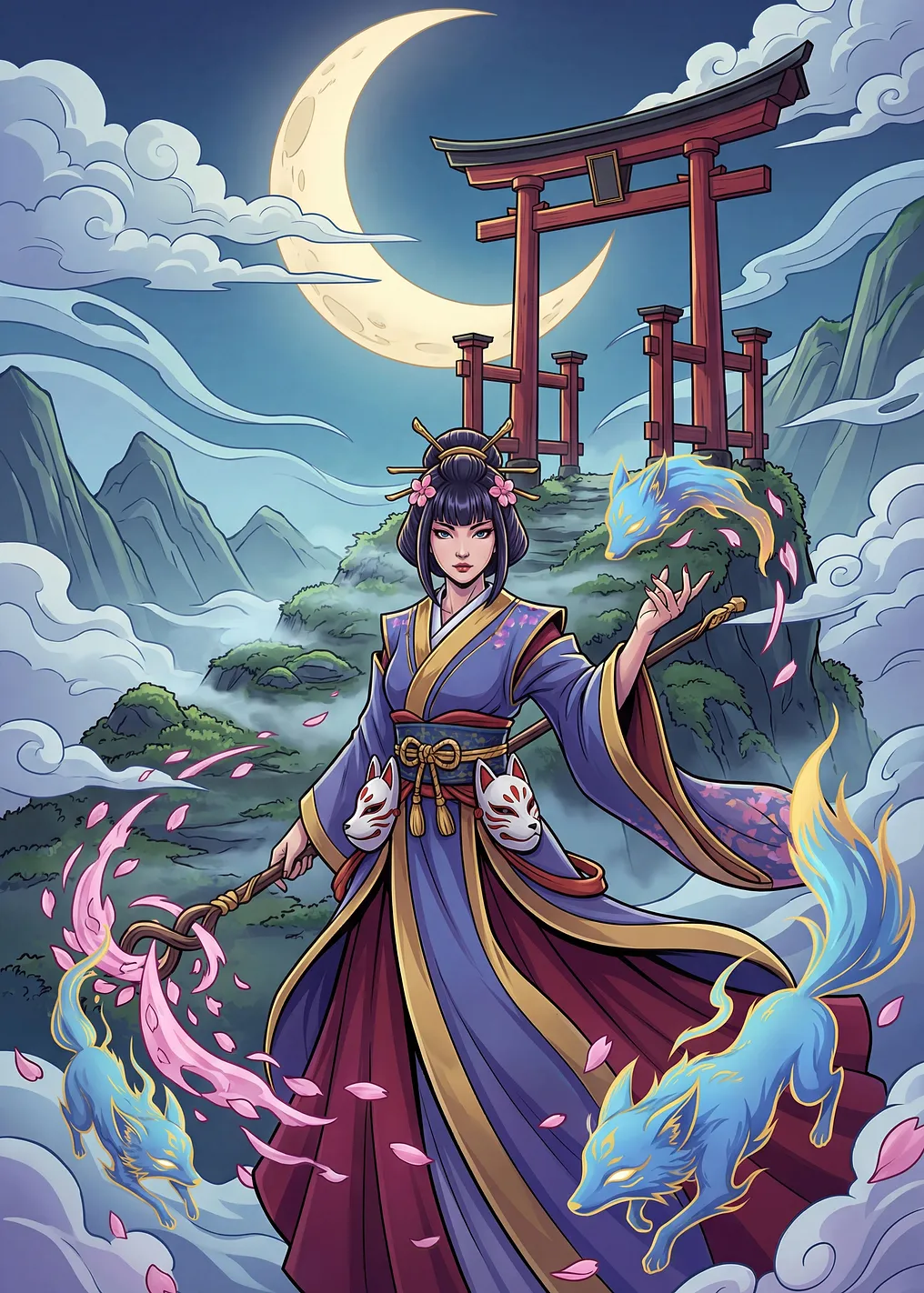Mystical Japanese Shrine with Kitsune Spirits