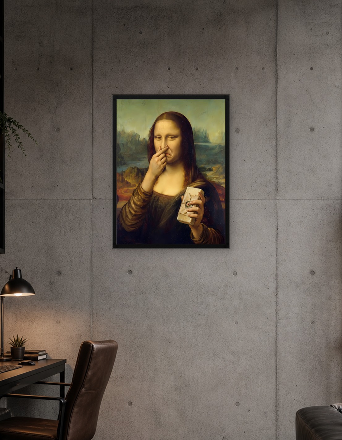 Mona Lisa Holding Nose and Package
