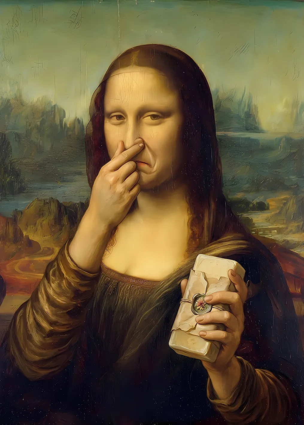 Mona Lisa Holding Nose and Package