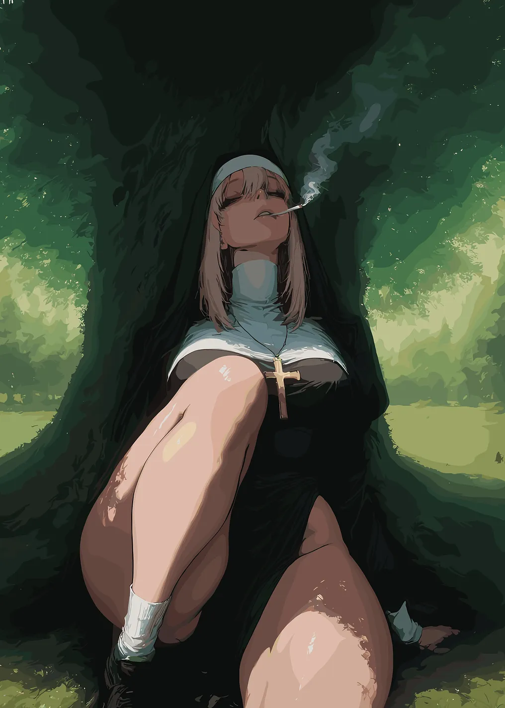 Nun Smoking Under a Tree