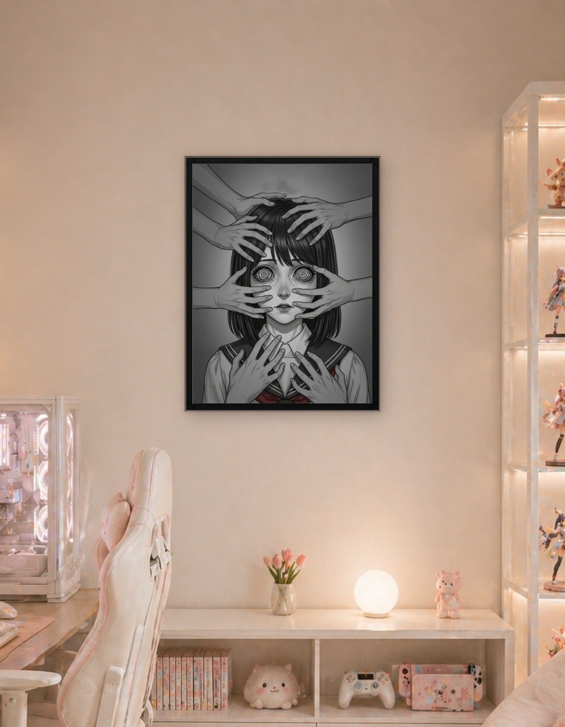 Monochrome Anime Girl Surrounded by Hands