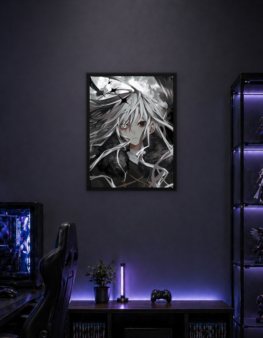 Monochrome Anime Character with Heterochromia