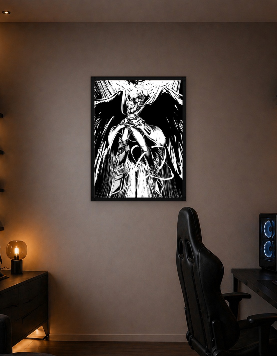 Monochrome Anime Character with Wings