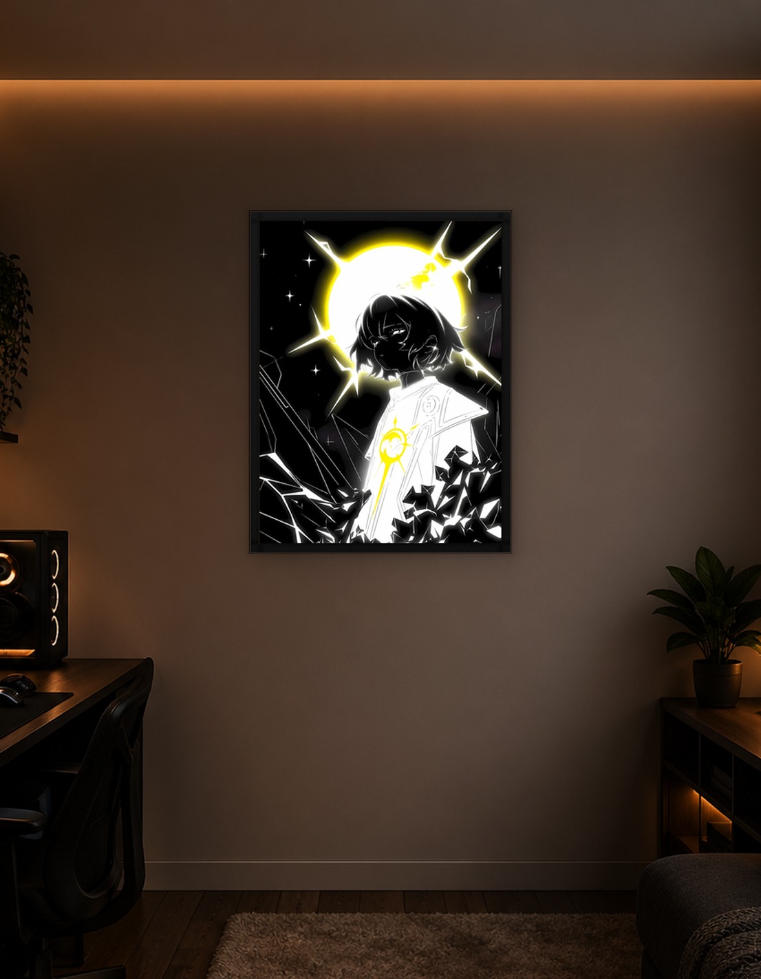 Monochrome Anime Character with Solar Symbol