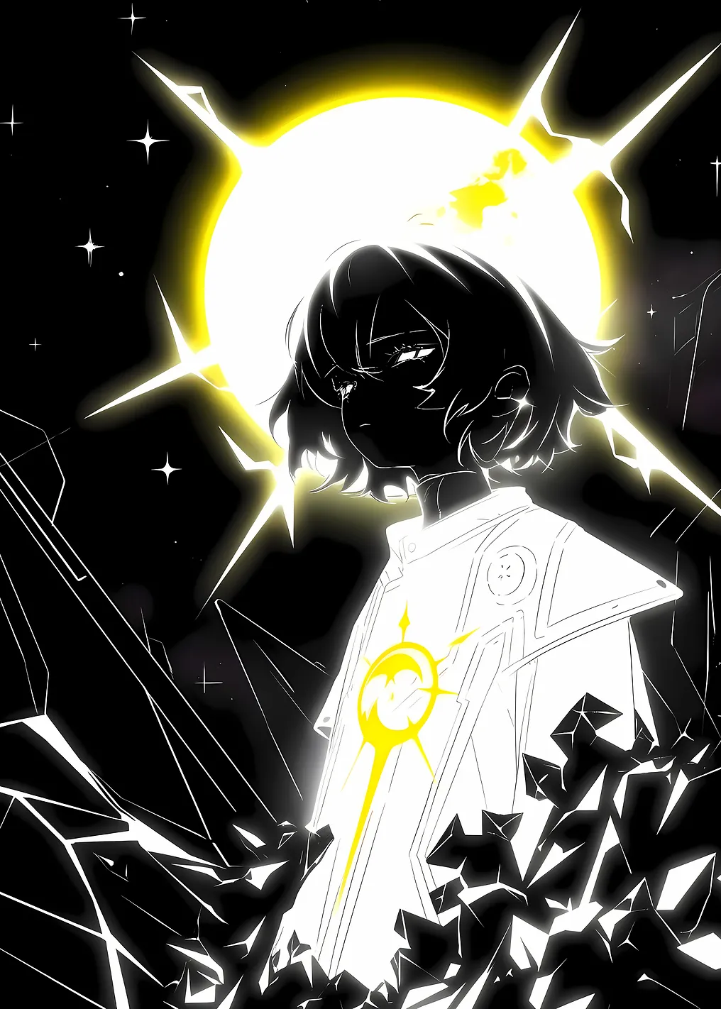 Monochrome Anime Character with Solar Symbol