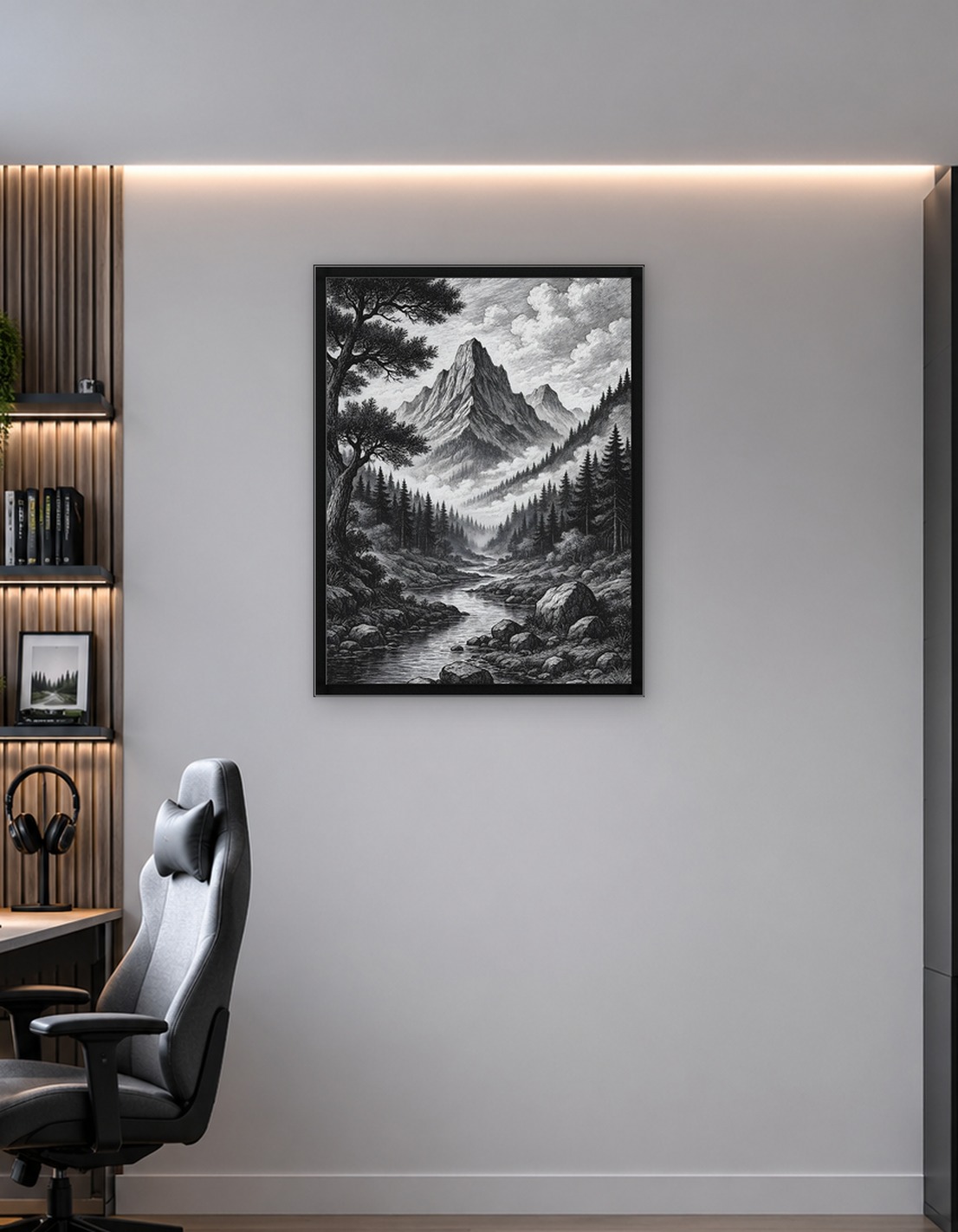 Monochrome Mountain Landscape with River - 8769592