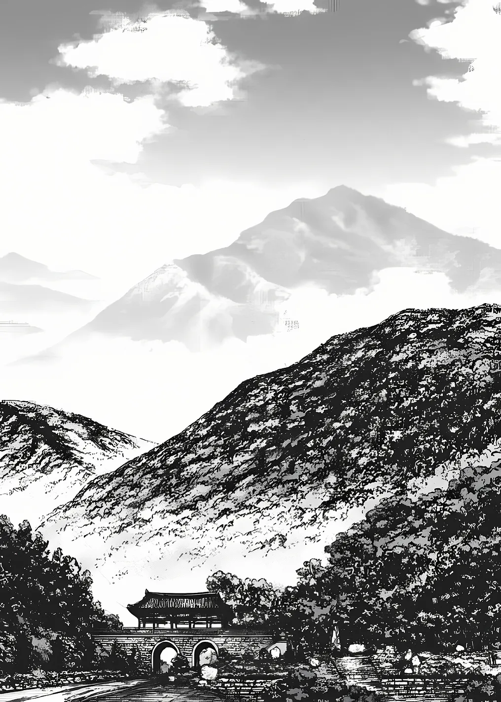 Monochrome Mountain Landscape with Traditional Bridge