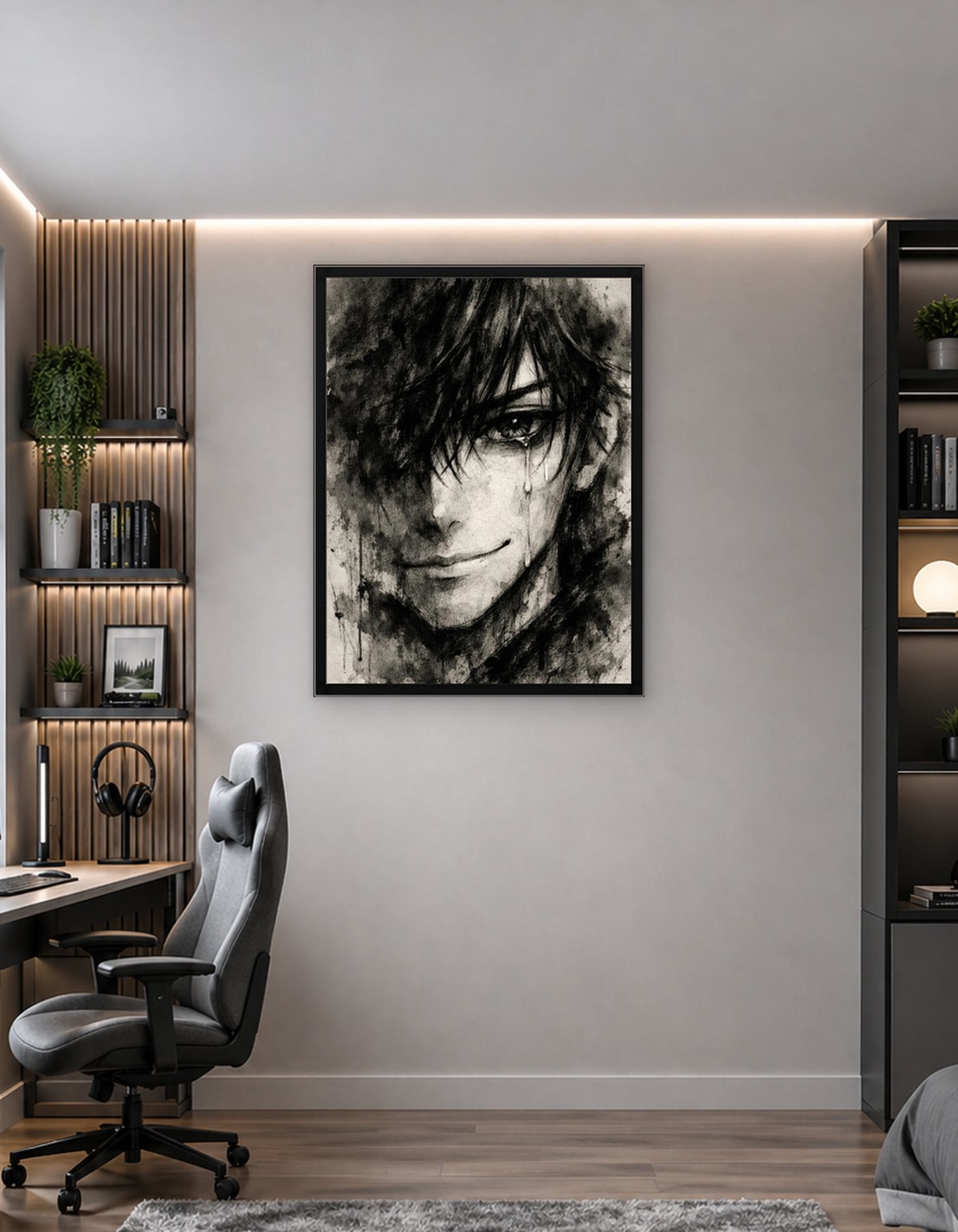 Monochrome Anime Boy Portrait with Tears