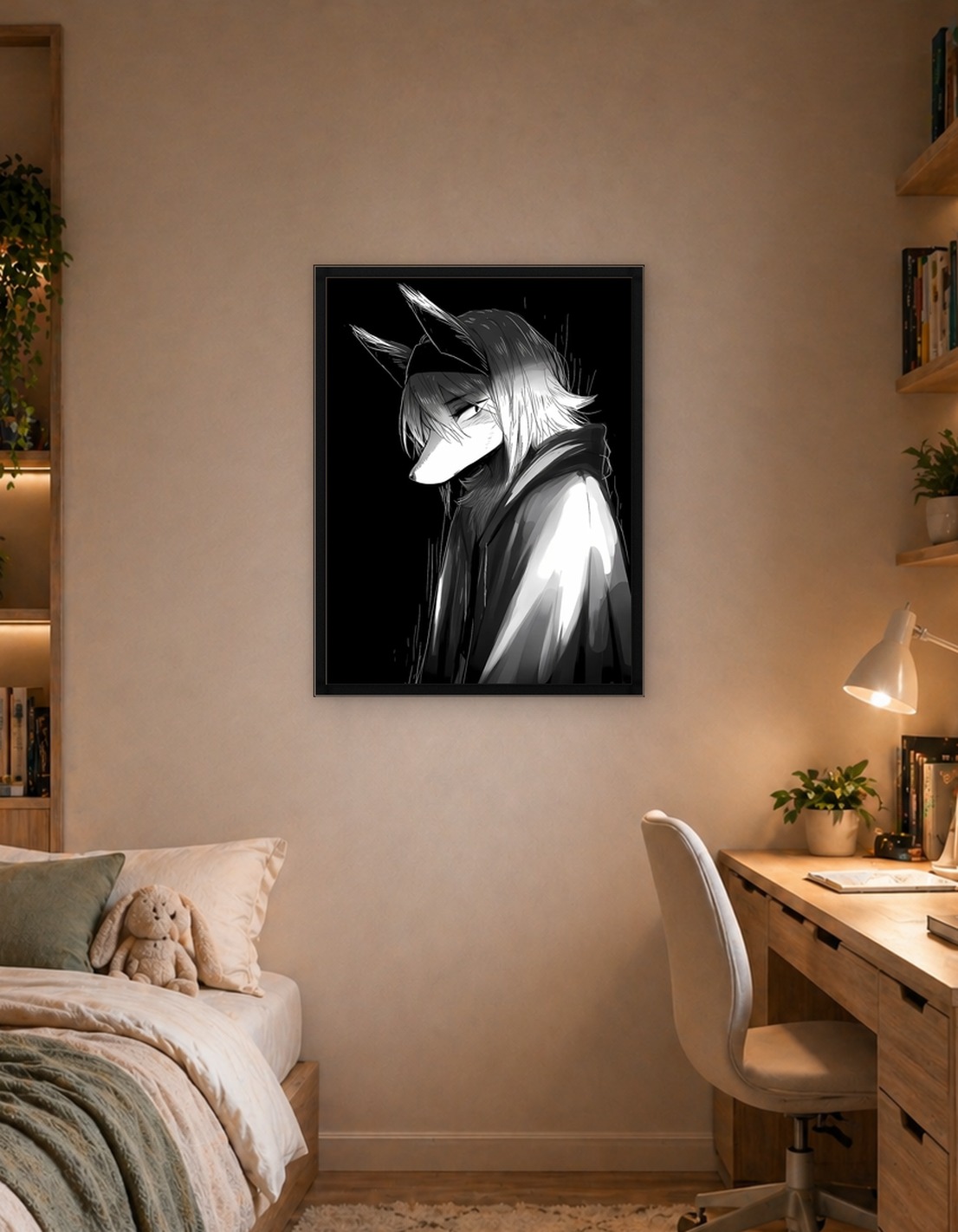 Monochrome Anime Wolf Character Portrait