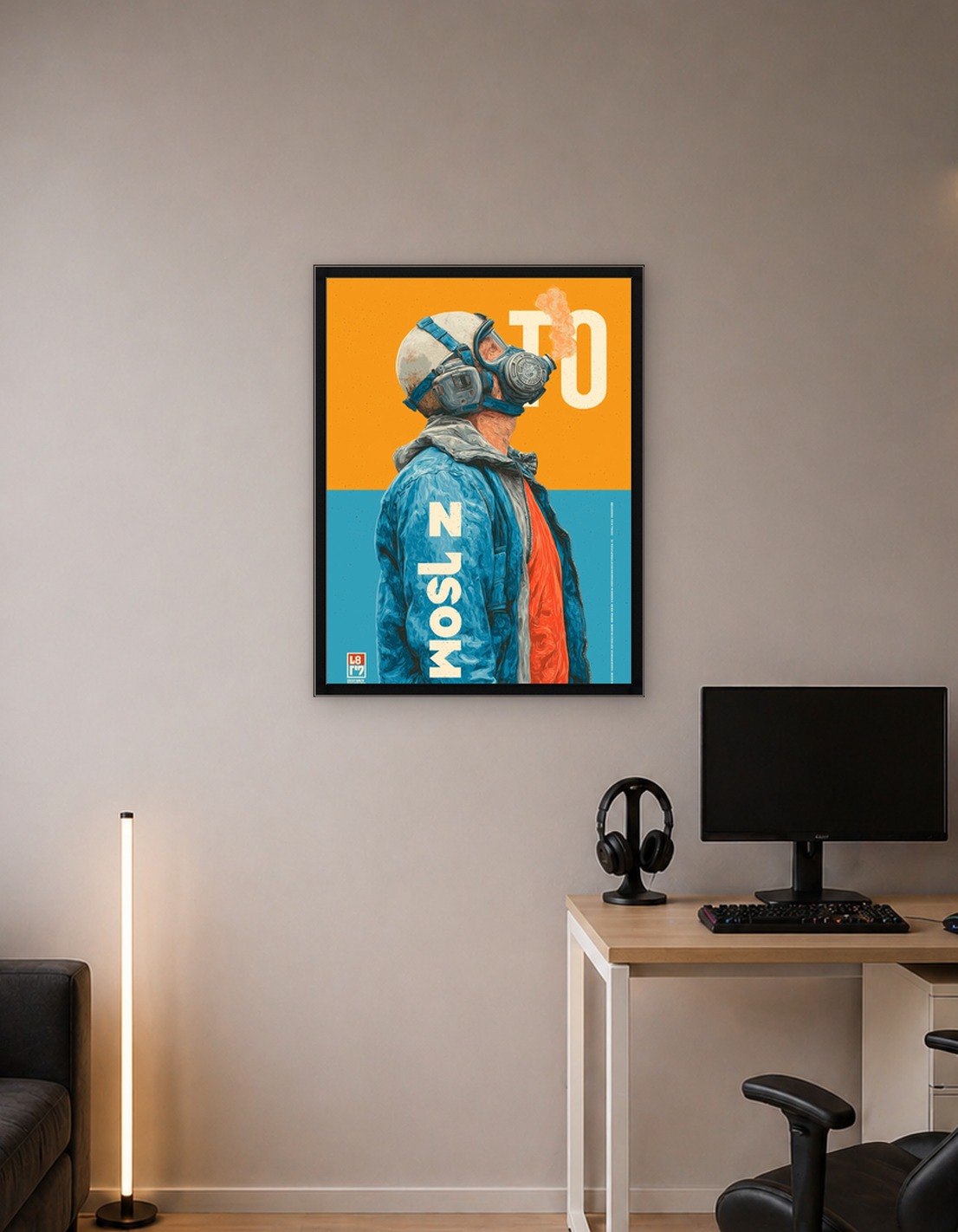 Man in Gas Mask and Blue Jacket