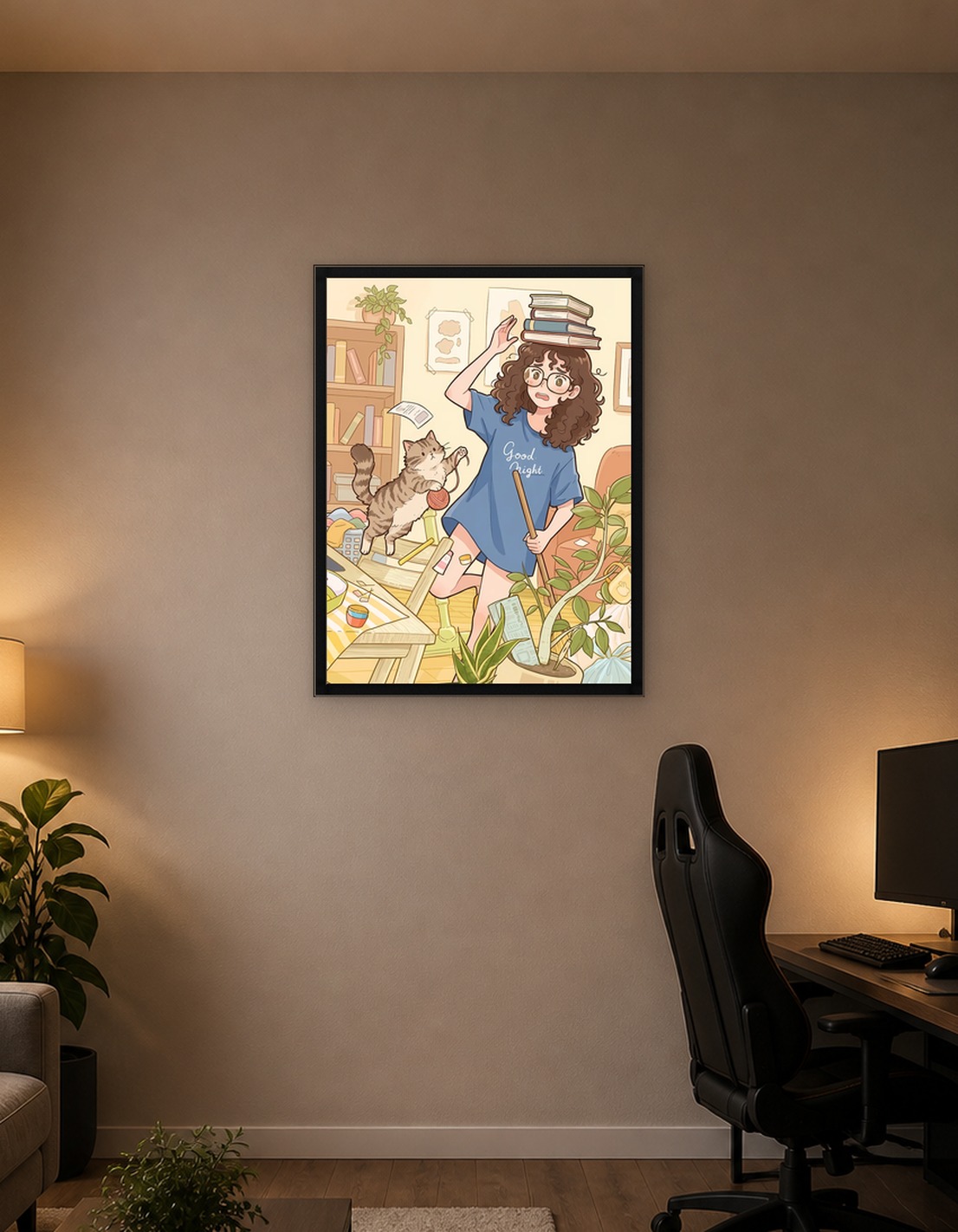 Messy Room Cartoon with Girl and Cat
