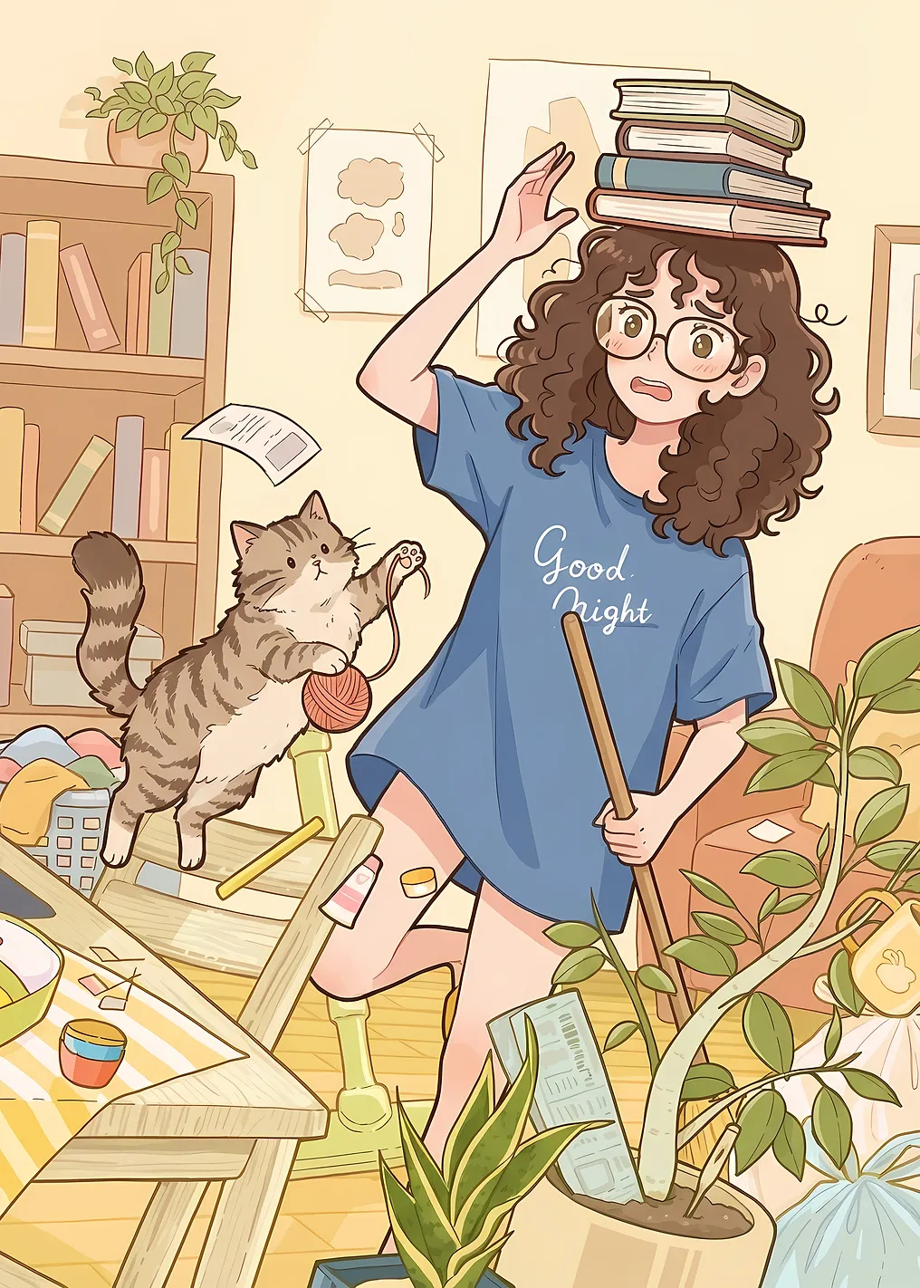 Messy Room Cartoon with Girl and Cat