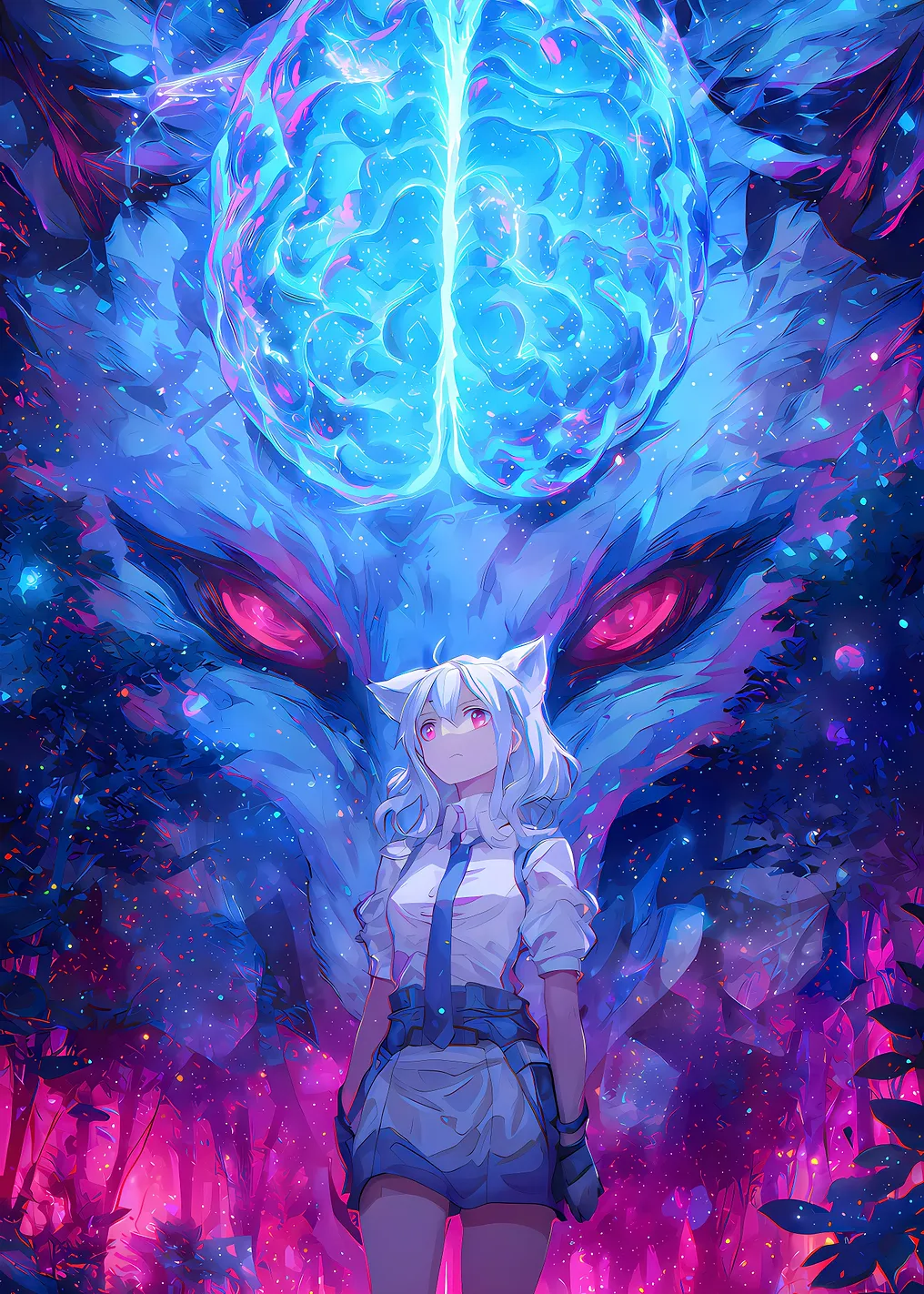 Neon Anime Girl with Wolf and Brain