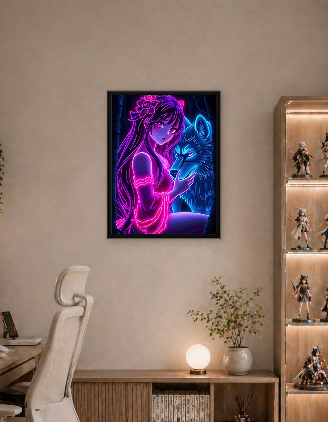 Neon Anime Girl with Wolf