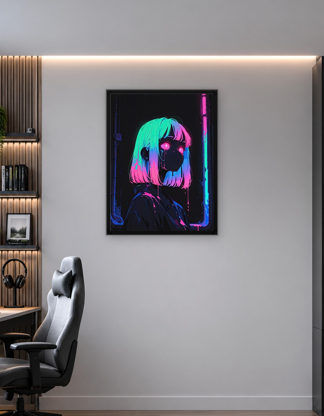 Neon Anime Girl with Dripping Paint