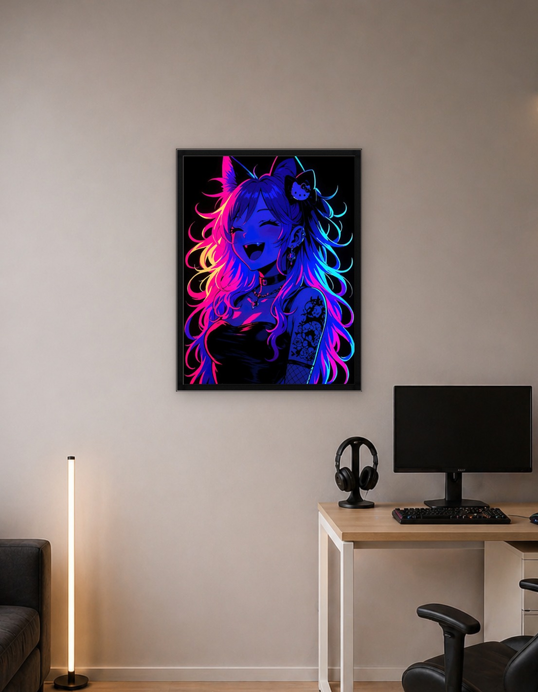Neon Catgirl with Hello Kitty Bow